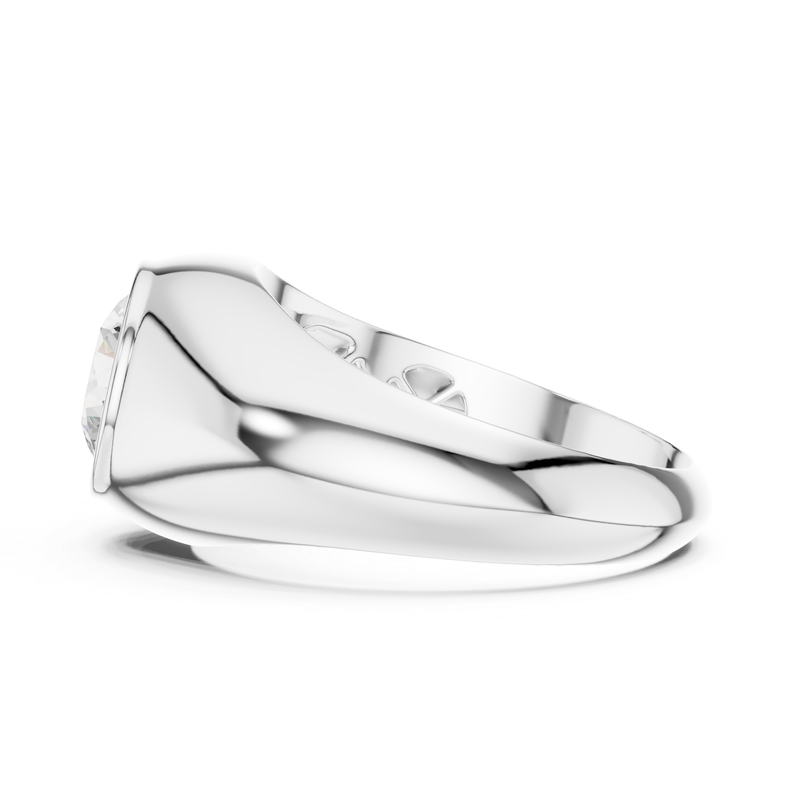 Men's polished silver dome ring with large bezel-set round solitaire diamond centerpiece