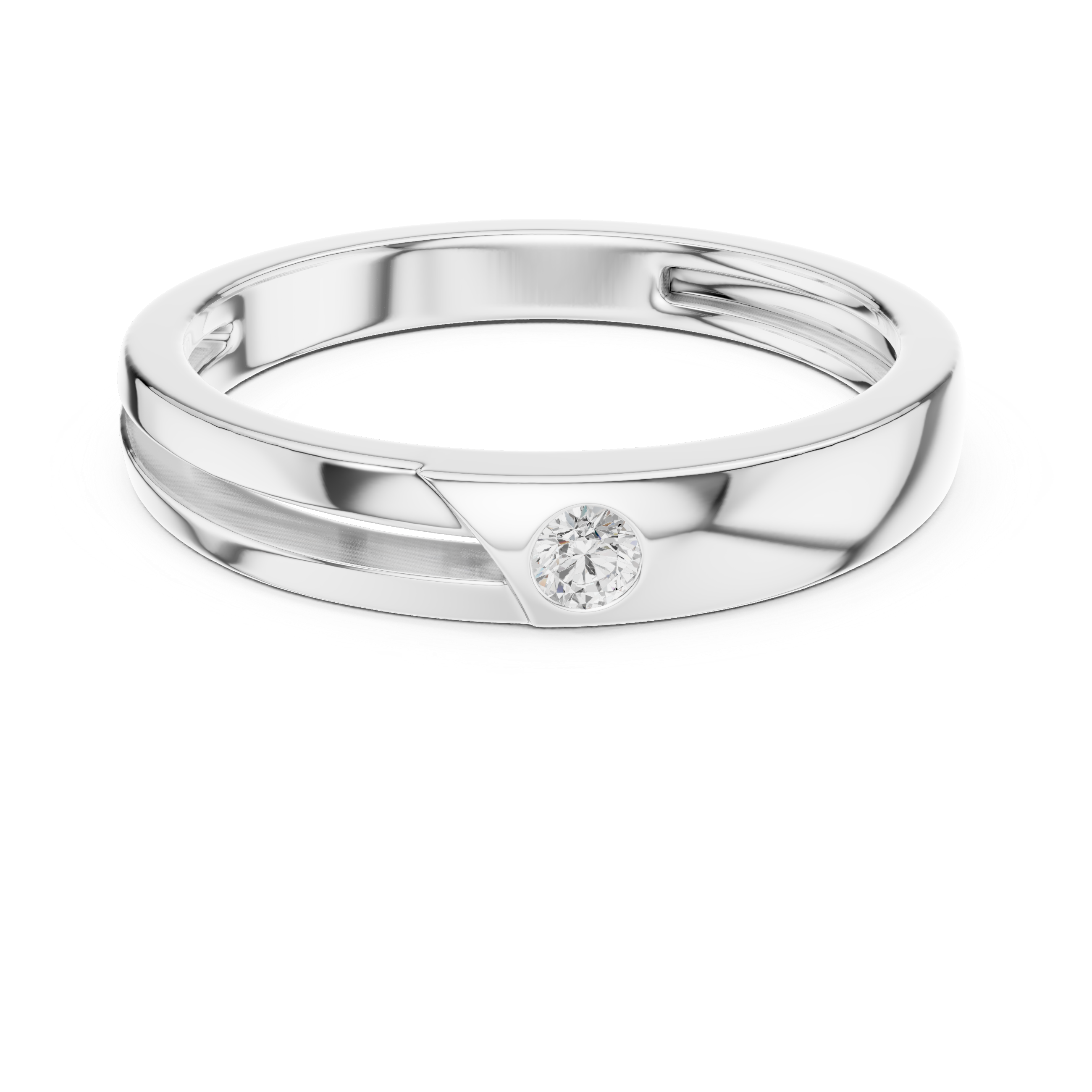 Men's polished silver band ring with single bezel-set round diamond and diagonal groove detailing