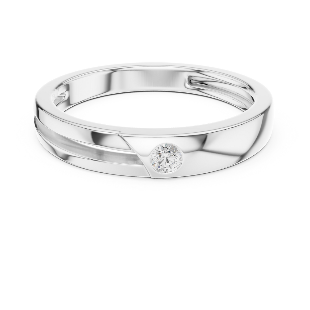 Men's polished silver band ring with single bezel-set round diamond and diagonal groove detailing