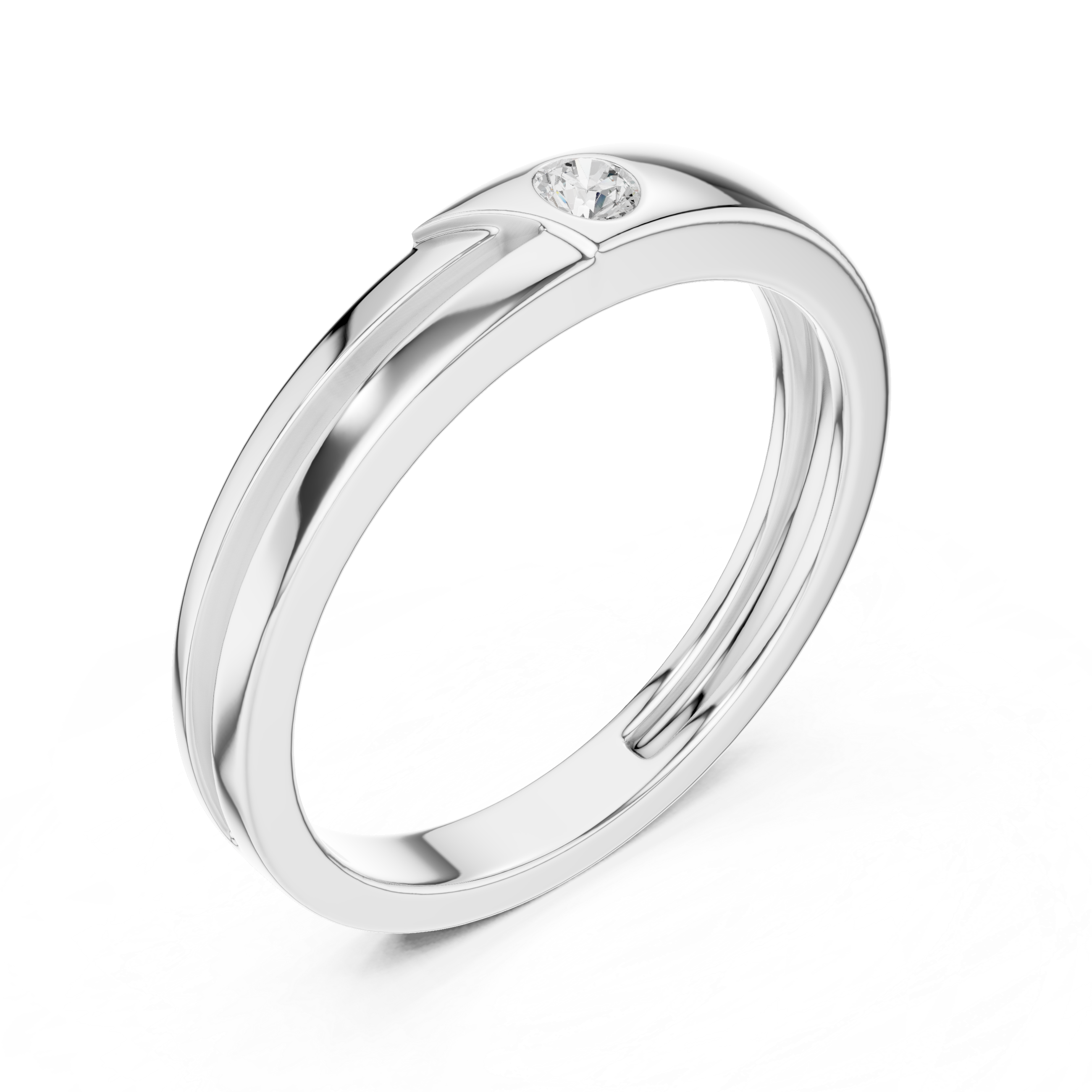 Men's polished silver band ring with single bezel-set round diamond and diagonal groove detailing