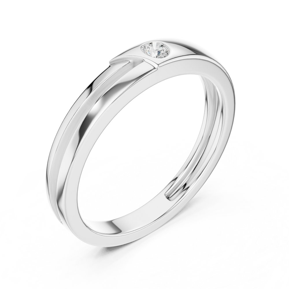 Men's polished silver band ring with single bezel-set round diamond and diagonal groove detailing