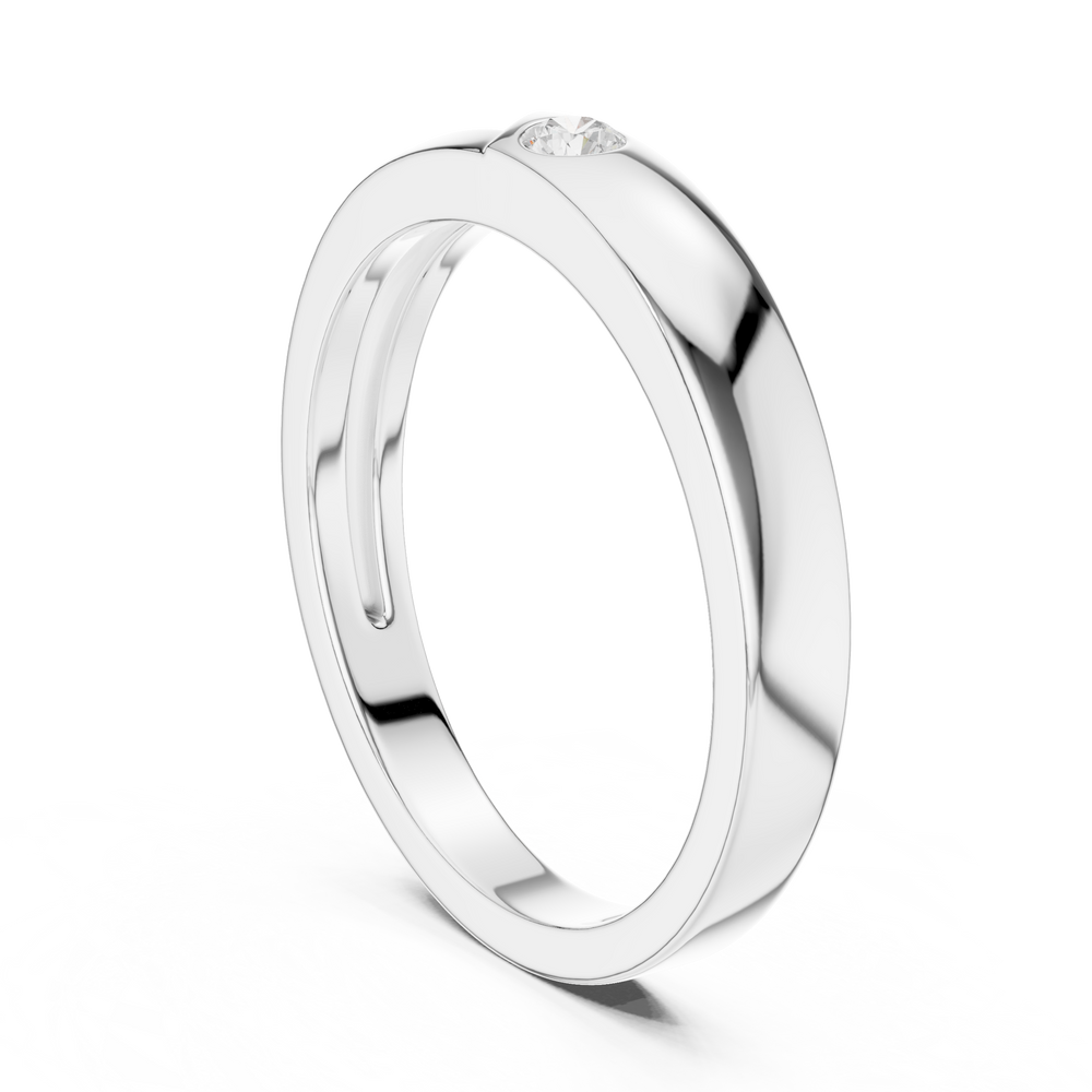 Men's polished silver band ring with single bezel-set round diamond and diagonal groove detailing