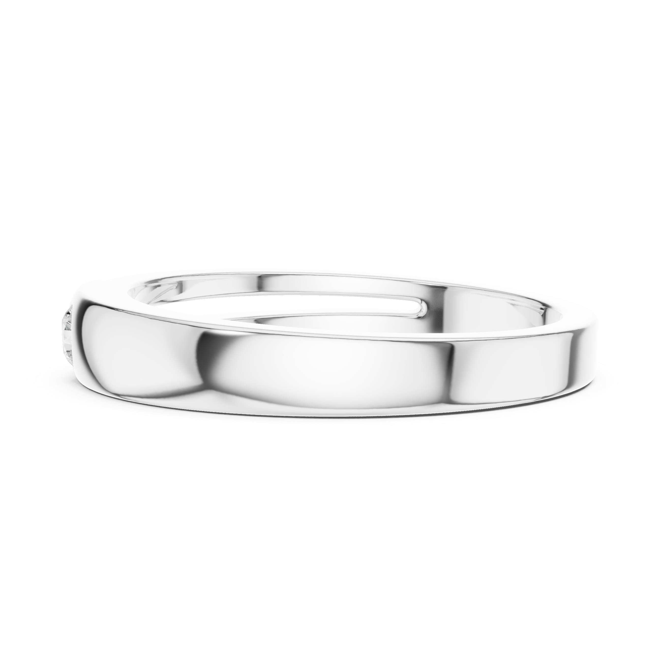 Men's polished silver band ring with single bezel-set round diamond and diagonal groove detailing