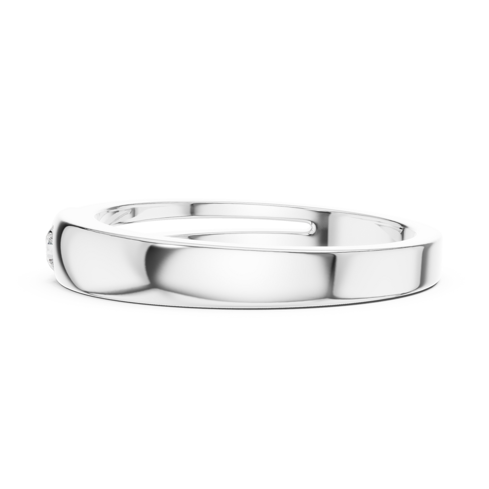 Men's polished silver band ring with single bezel-set round diamond and diagonal groove detailing