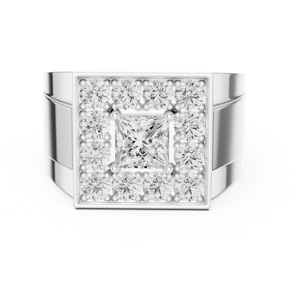 Men's wide silver signet ring with square pavé diamond cluster top and grooved band