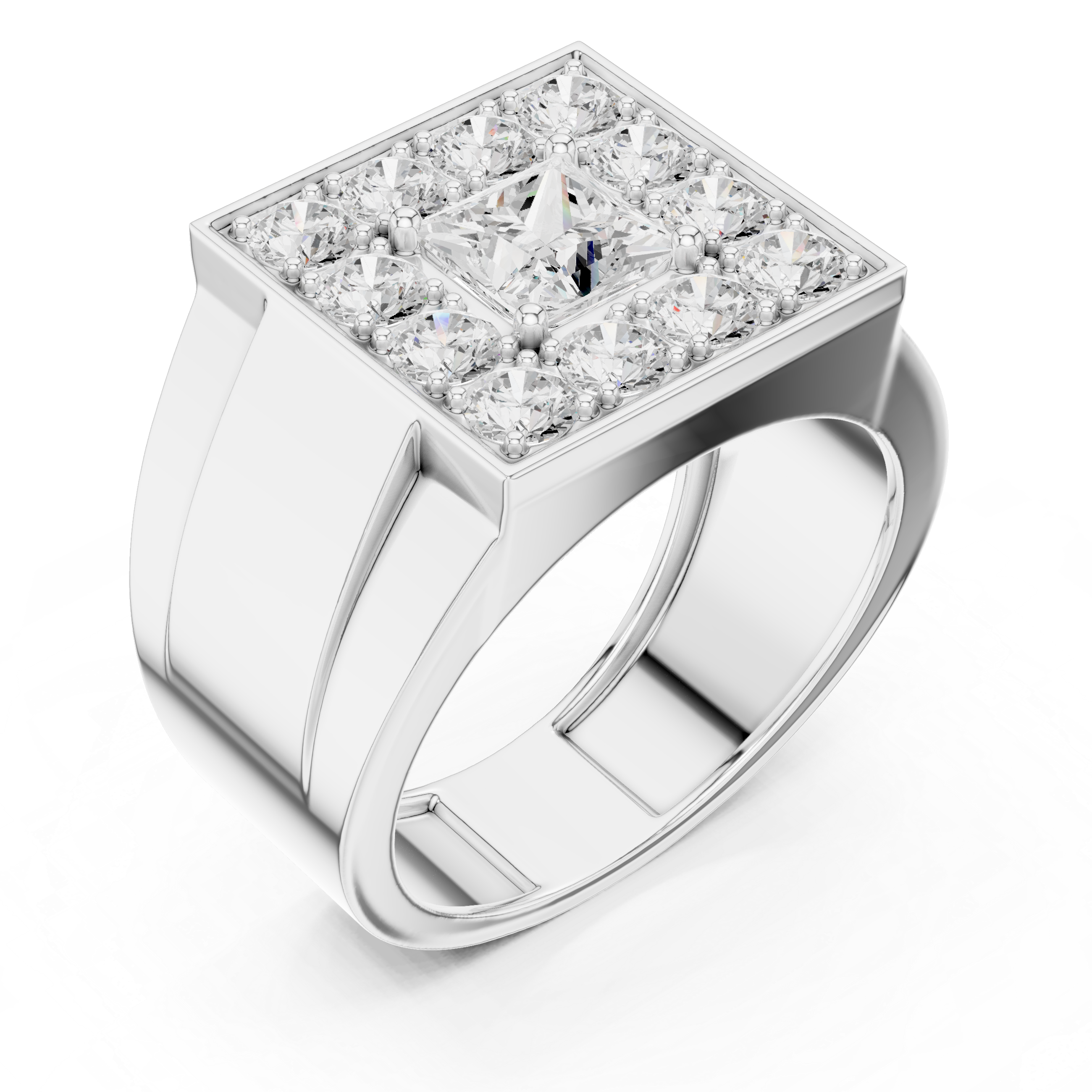 Men's wide silver signet ring with square pavé diamond cluster top and grooved band