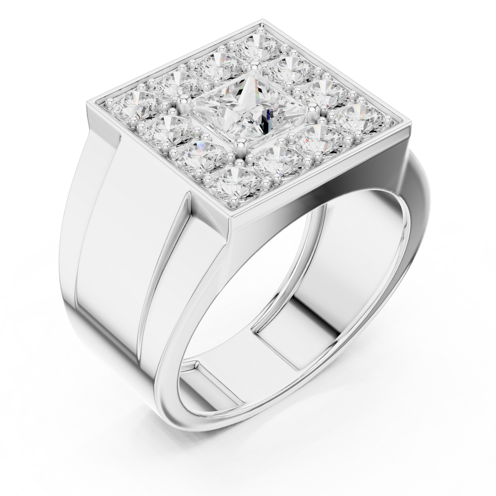 Men's wide silver signet ring with square pavé diamond cluster top and grooved band
