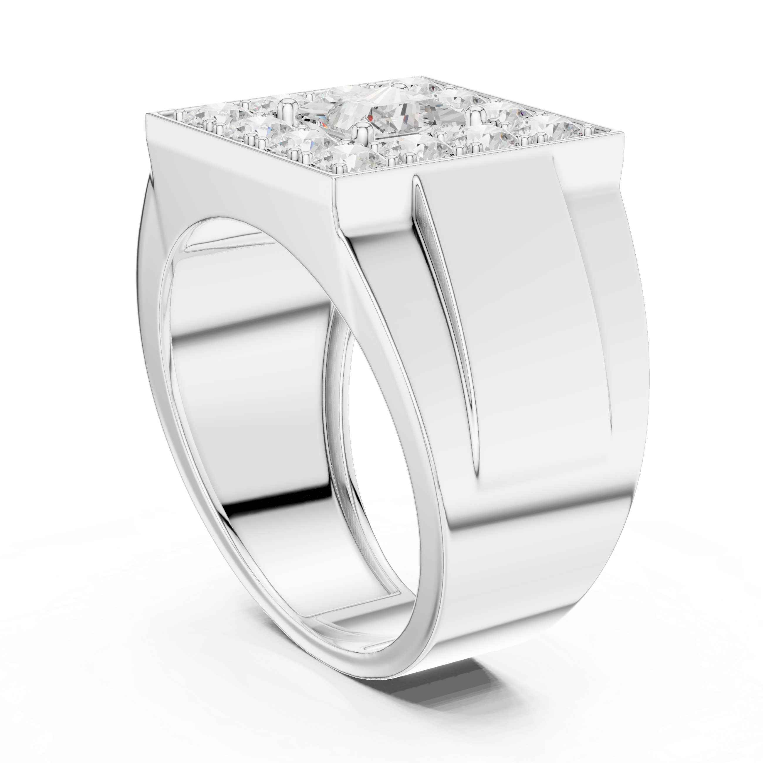 Men's wide silver signet ring with square pavé diamond cluster top and grooved band