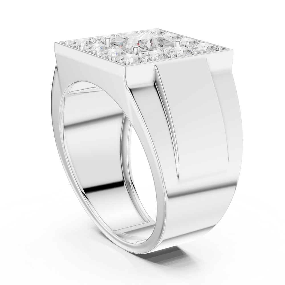 Men's wide silver signet ring with square pavé diamond cluster top and grooved band