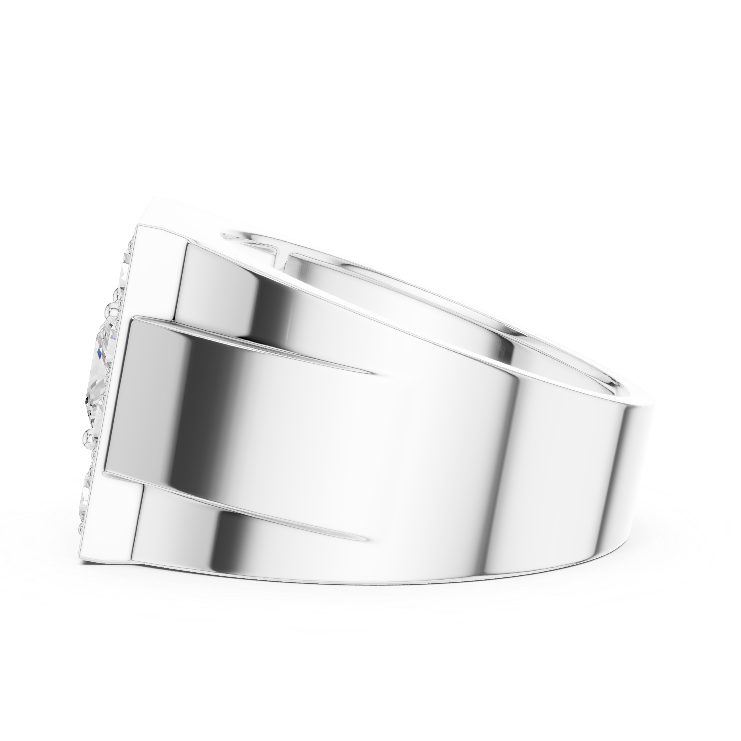 Men's wide silver signet ring with square pavé diamond cluster top and grooved band