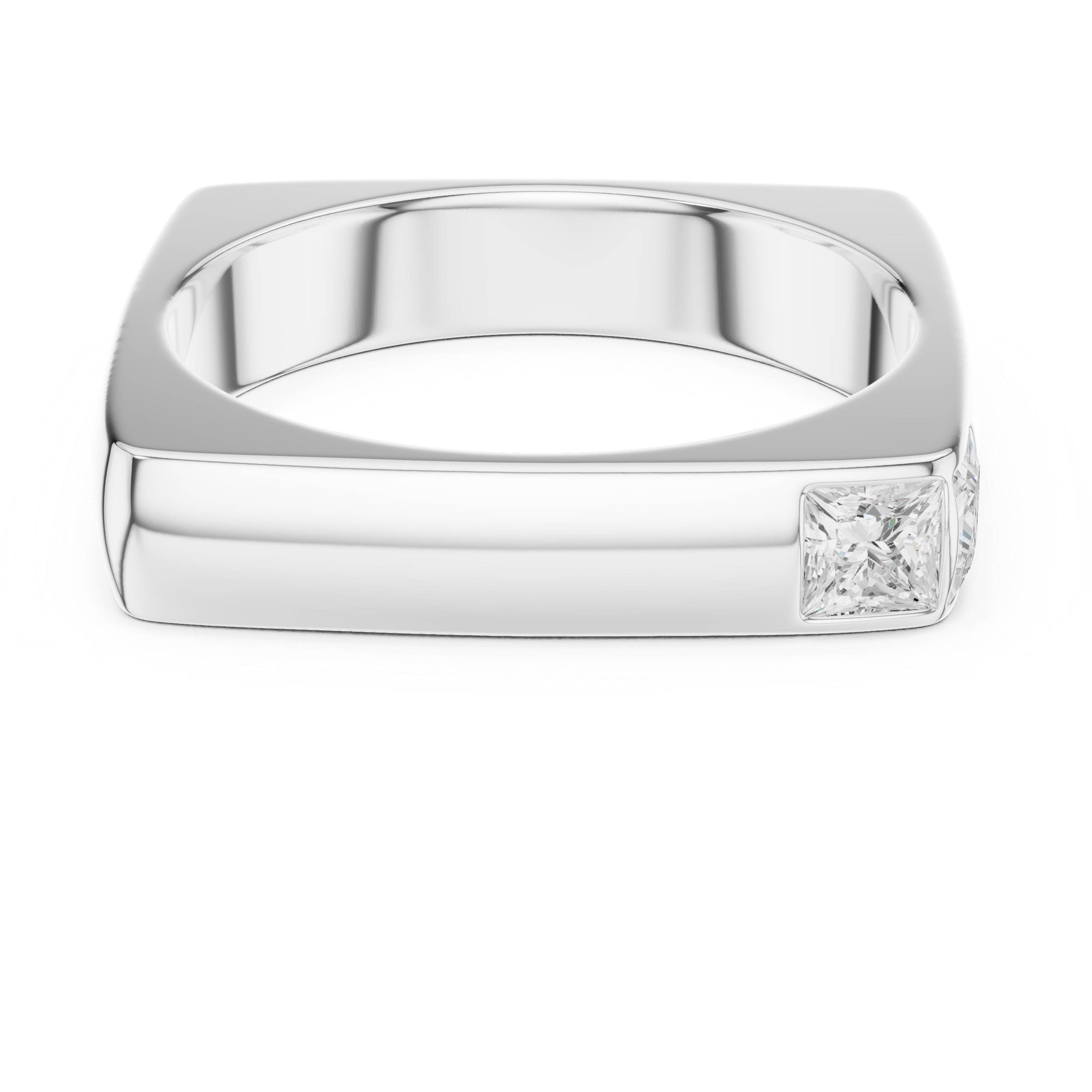 Men's minimalist polished silver square-frame ring with flush-set princess-cut solitaire diamond corner accent