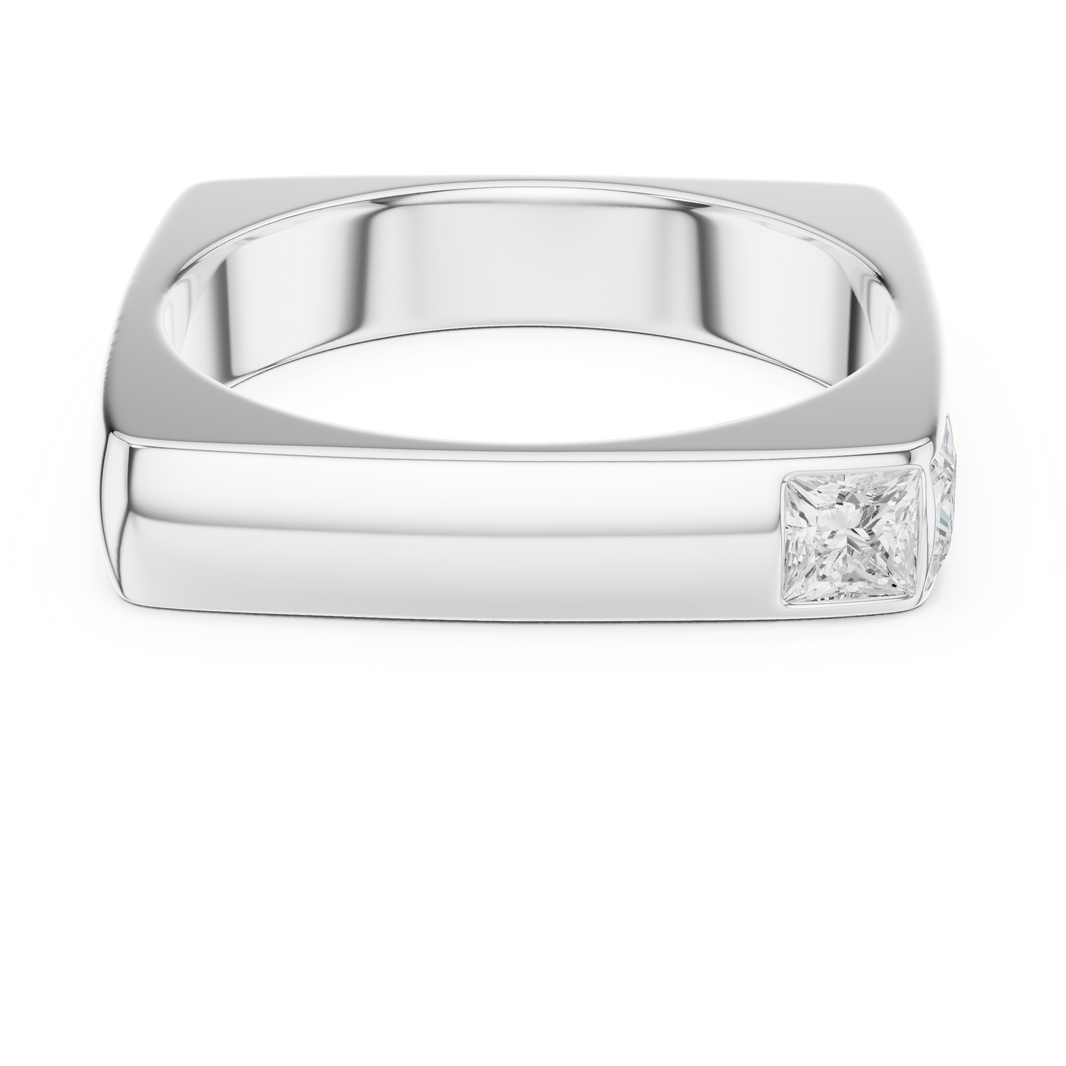 Men's minimalist polished silver square-frame ring with flush-set princess-cut solitaire diamond corner accent