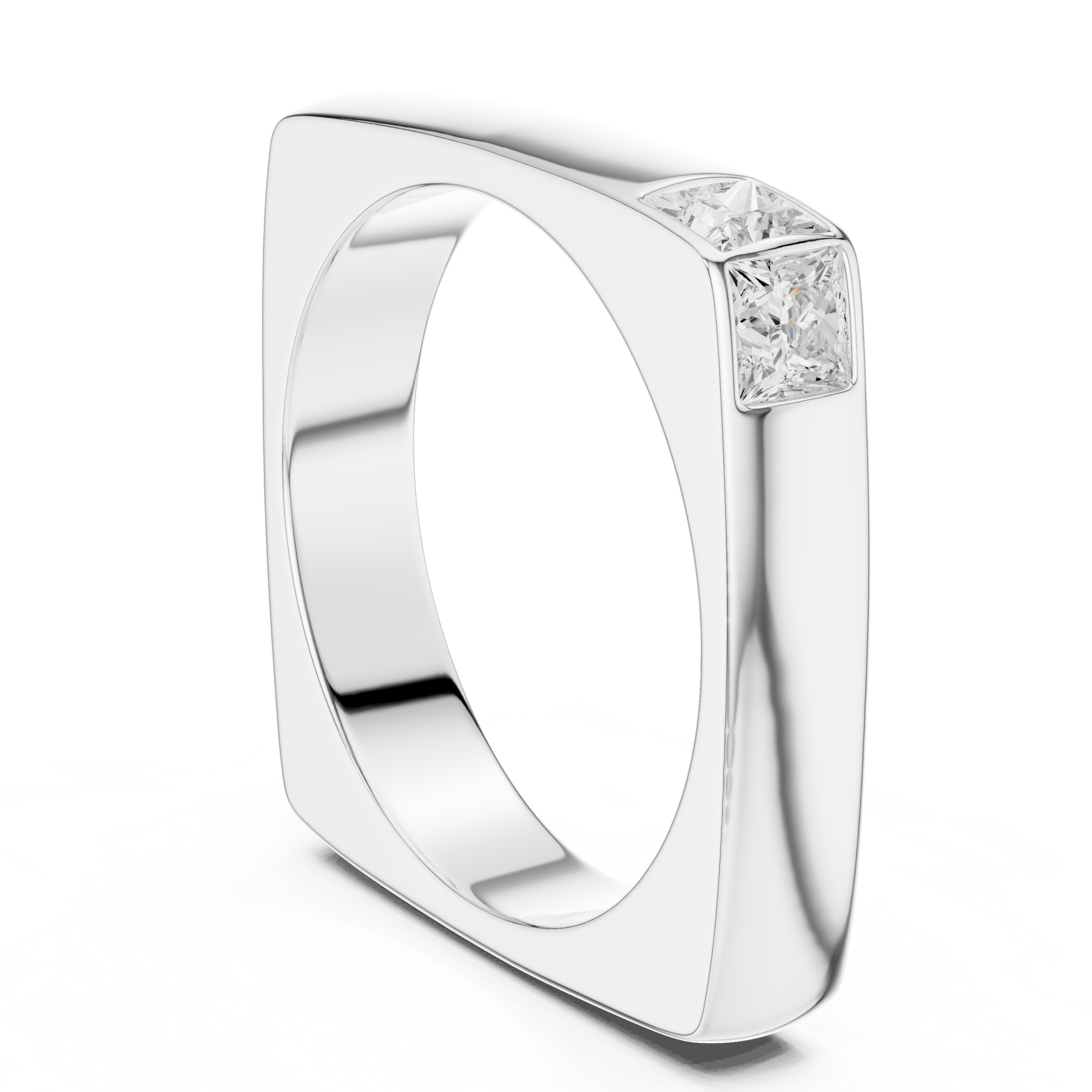 Men's minimalist polished silver square-frame ring with flush-set princess-cut solitaire diamond corner accent