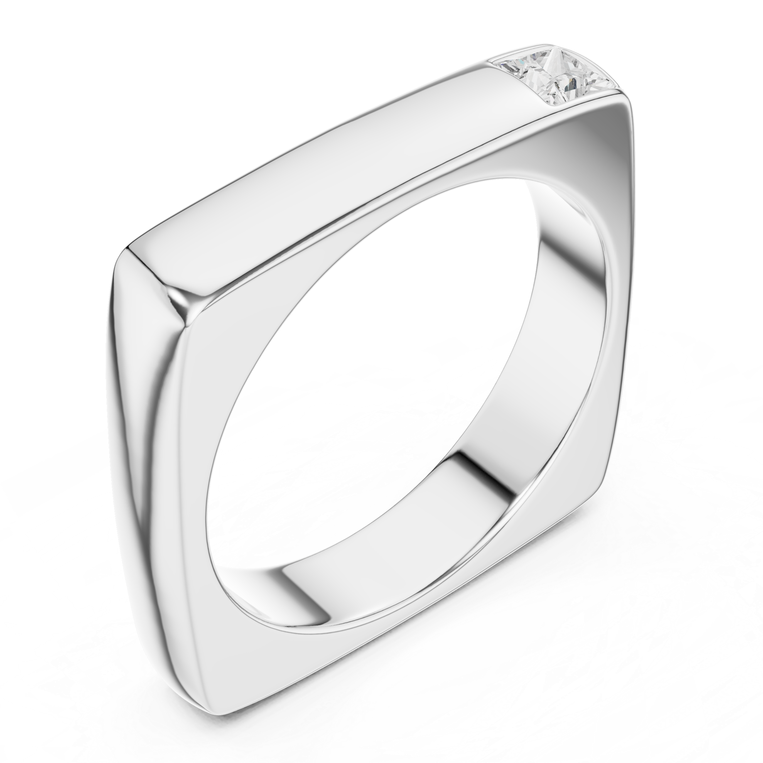 Men's minimalist polished silver square-frame ring with flush-set princess-cut solitaire diamond corner accent