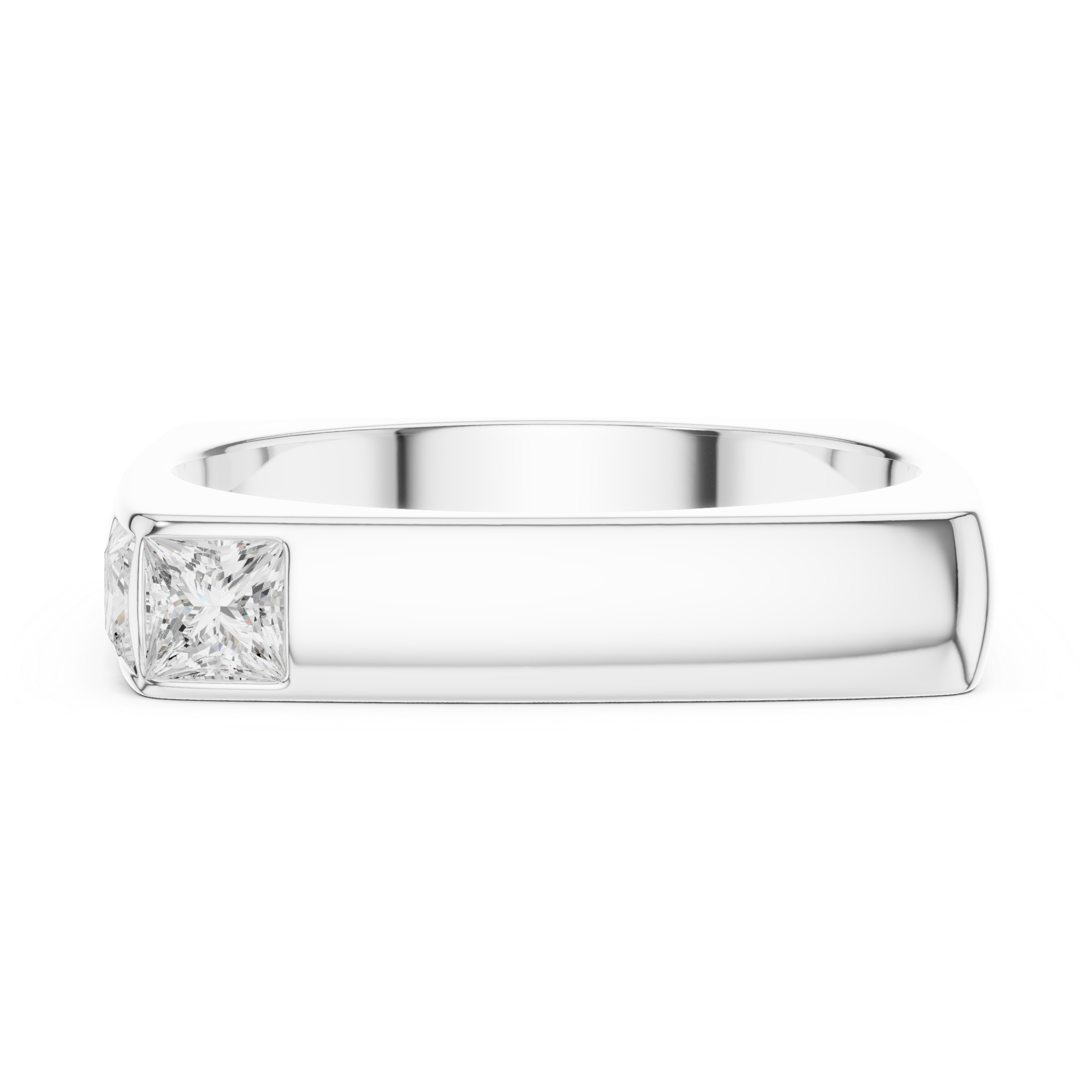 Men's minimalist polished silver square-frame ring with flush-set princess-cut solitaire diamond corner accent