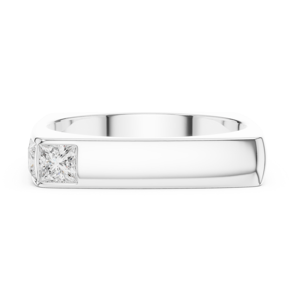 Men's minimalist polished silver square-frame ring with flush-set princess-cut solitaire diamond corner accent