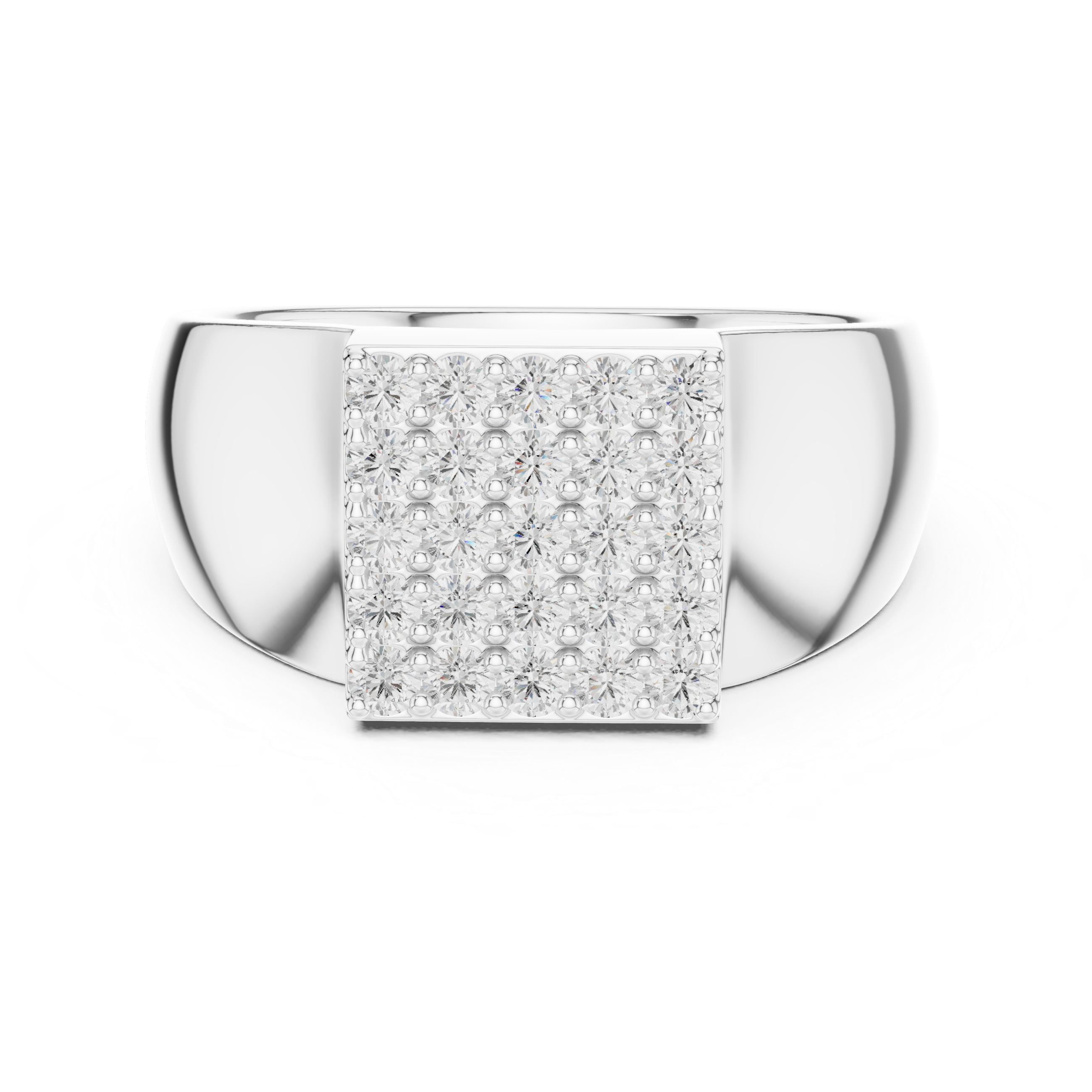 Men's polished silver signet ring with square full pavé diamond top and wide tapered band