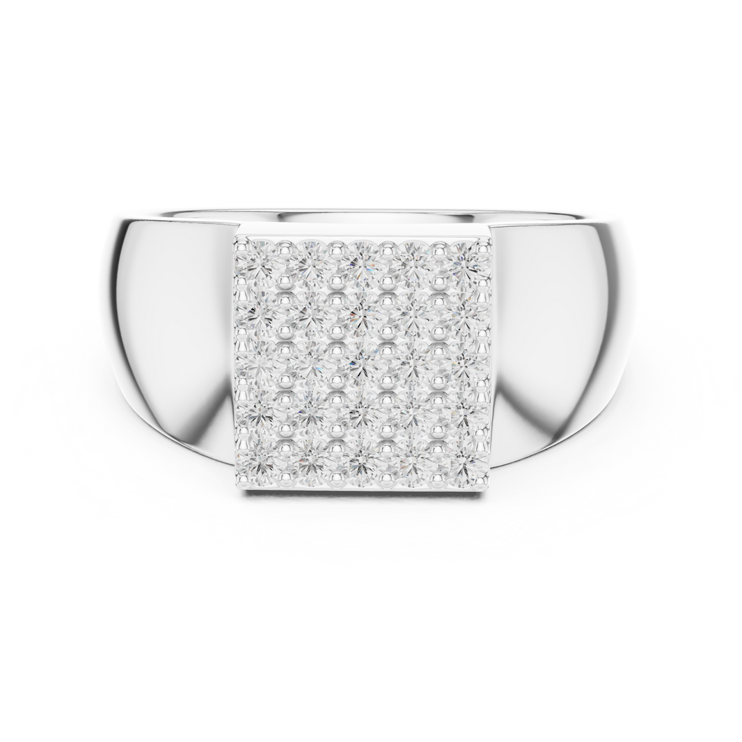 Men's polished silver signet ring with square full pavé diamond top and wide tapered band