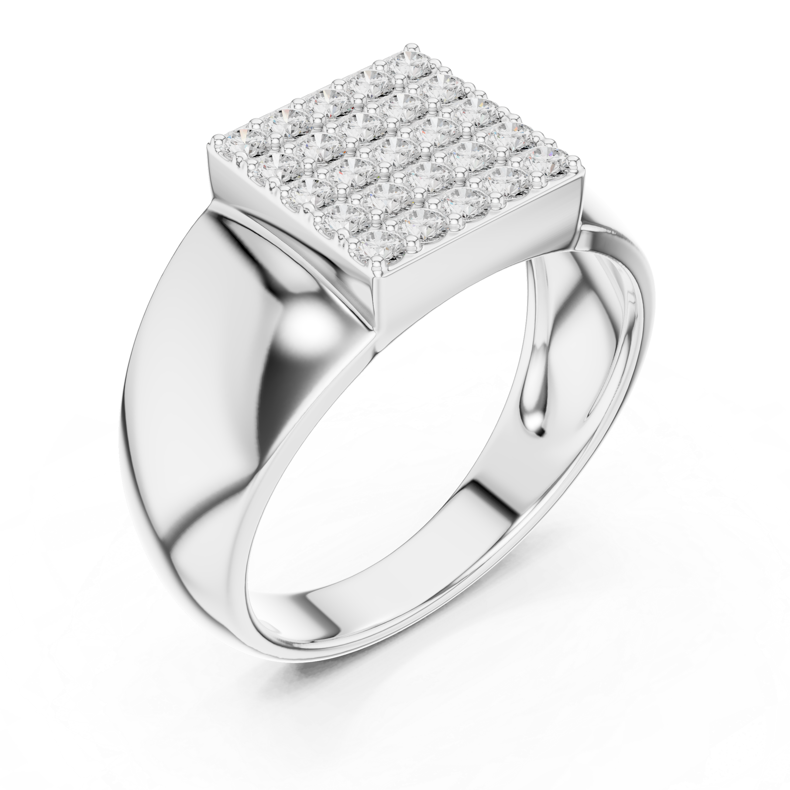 Men's polished silver signet ring with square full pavé diamond top and wide tapered band