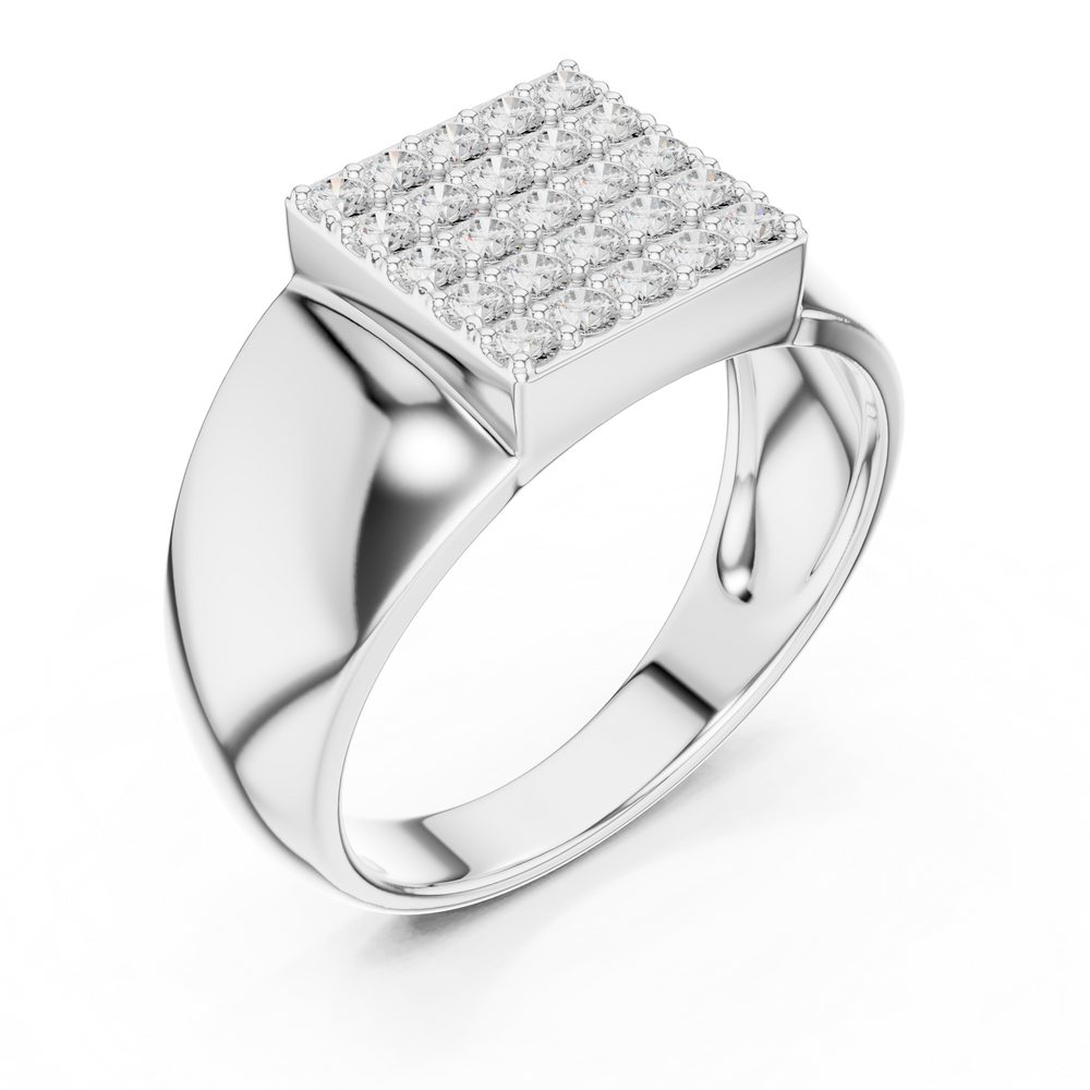 Men's polished silver signet ring with square full pavé diamond top and wide tapered band