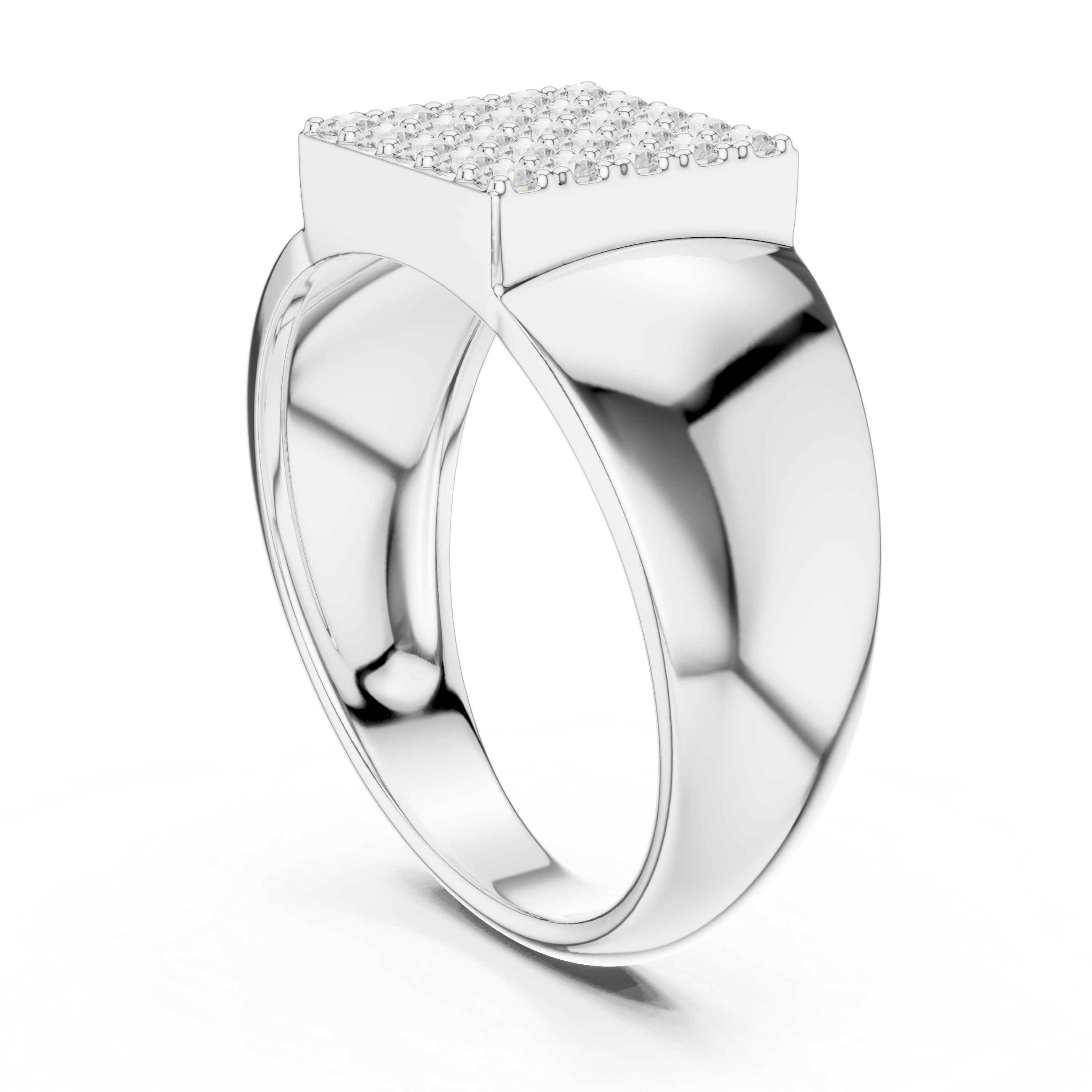 Men's polished silver signet ring with square full pavé diamond top and wide tapered band