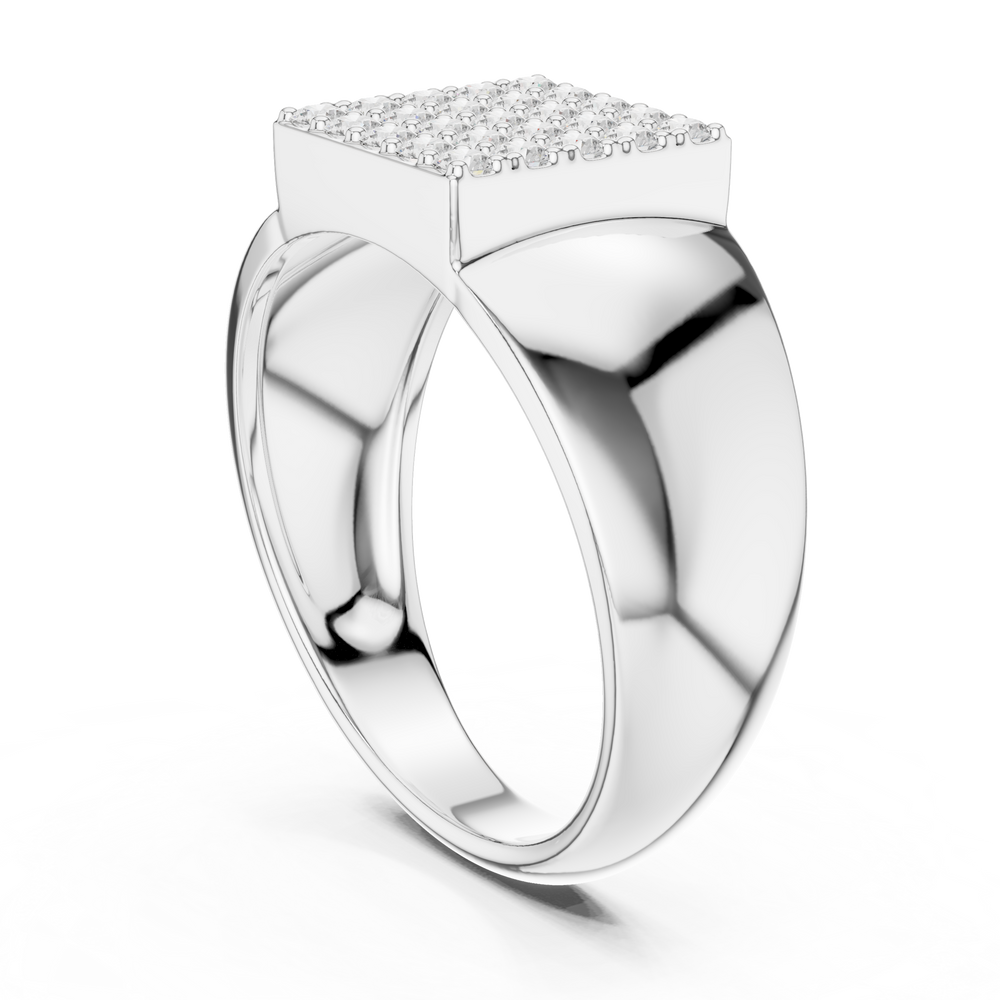 Men's polished silver signet ring with square full pavé diamond top and wide tapered band