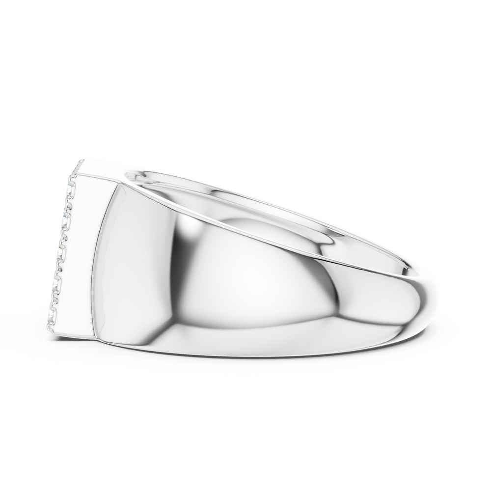 Men's polished silver signet ring with square full pavé diamond top and wide tapered band