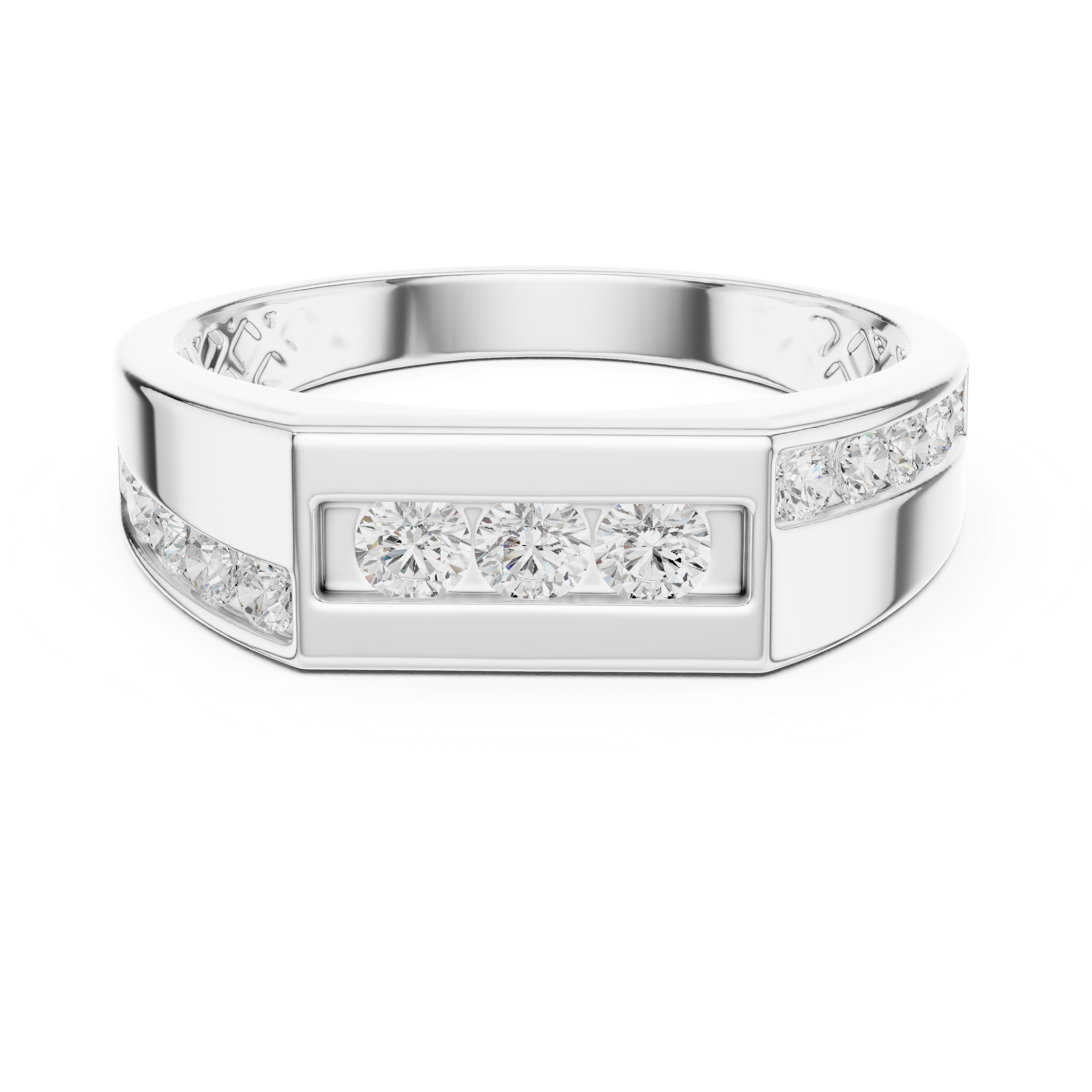 Men's silver octagonal band ring with three-stone diamond center panel and channel-set side accents