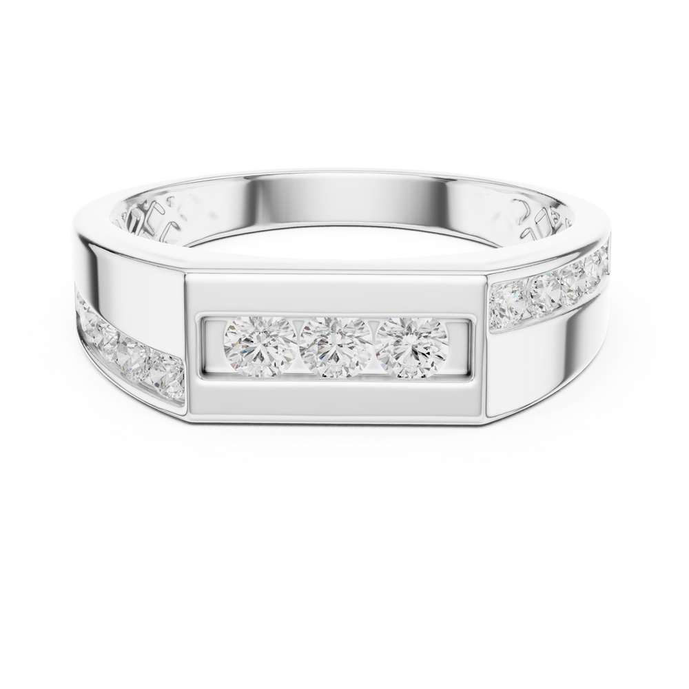 Men's silver octagonal band ring with three-stone diamond center panel and channel-set side accents