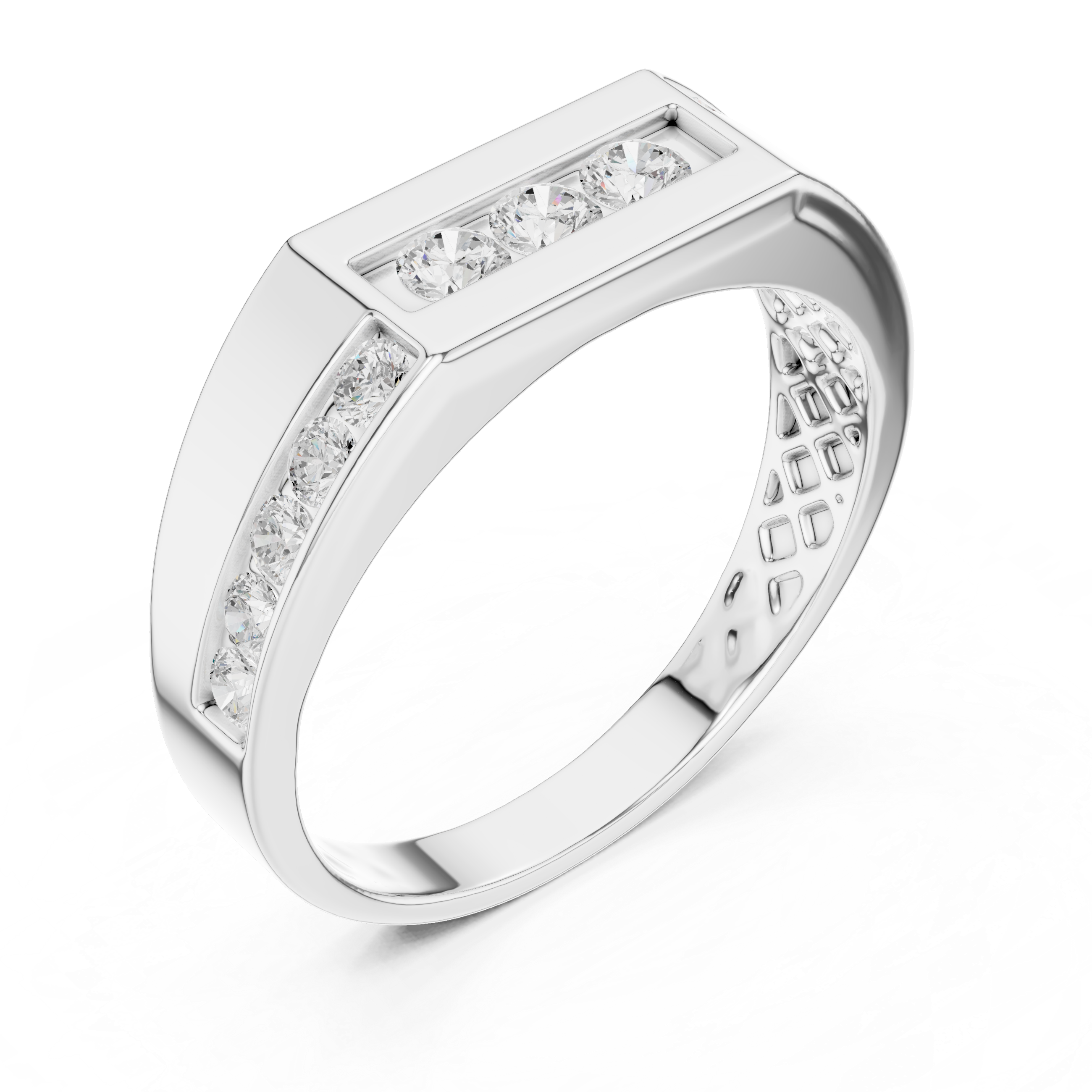 Men's silver octagonal band ring with three-stone diamond center panel and channel-set side accents
