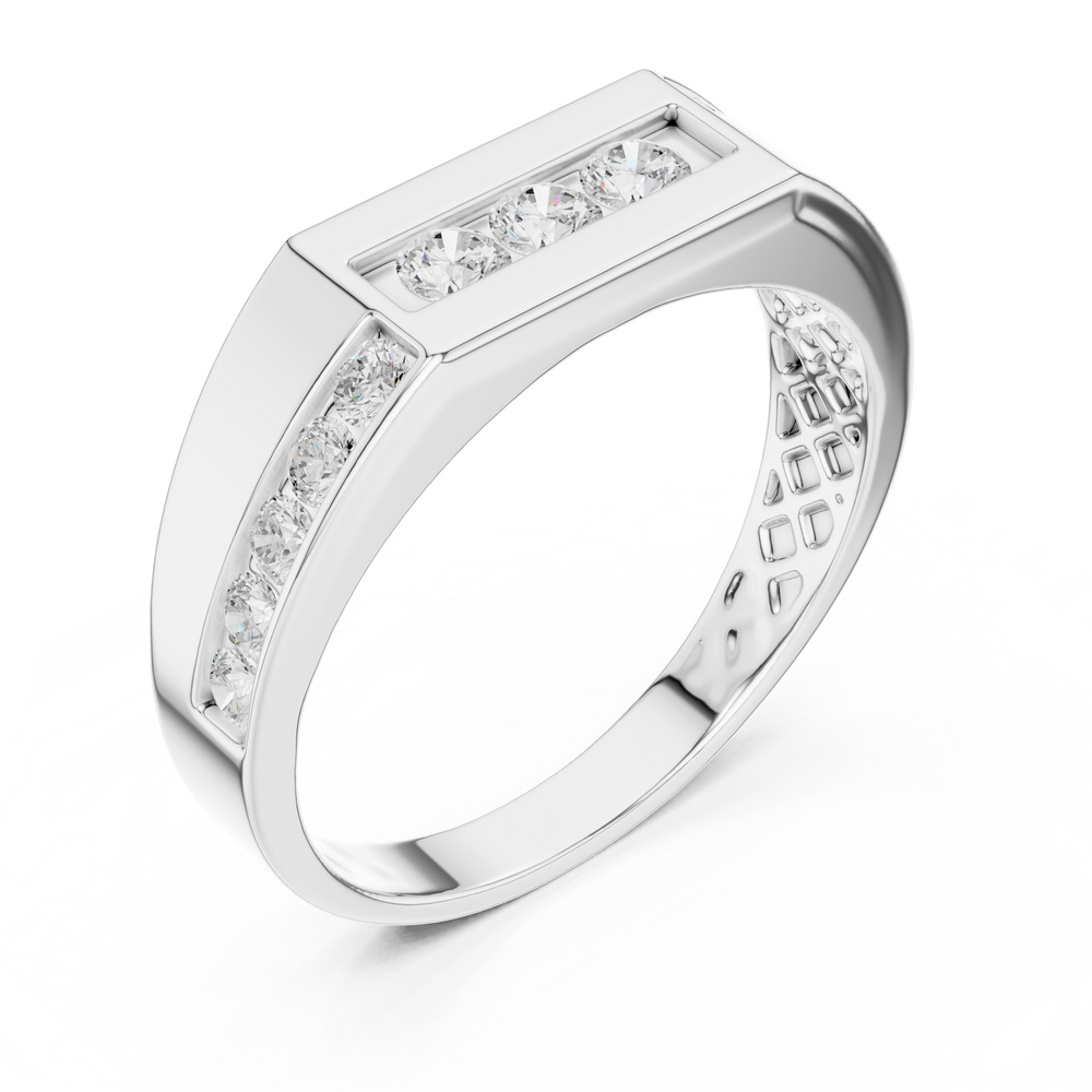 Men's silver octagonal band ring with three-stone diamond center panel and channel-set side accents