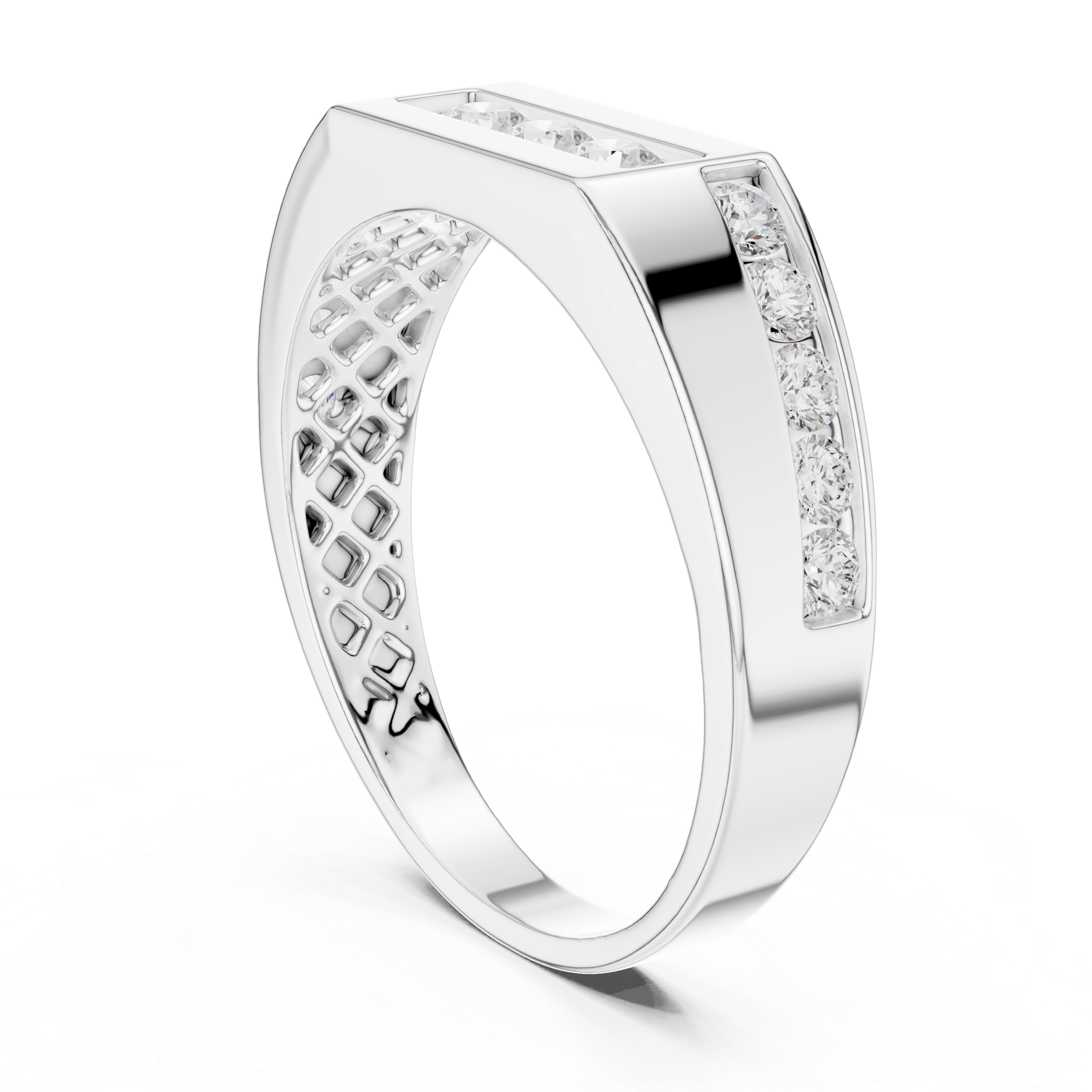 Men's silver octagonal band ring with three-stone diamond center panel and channel-set side accents