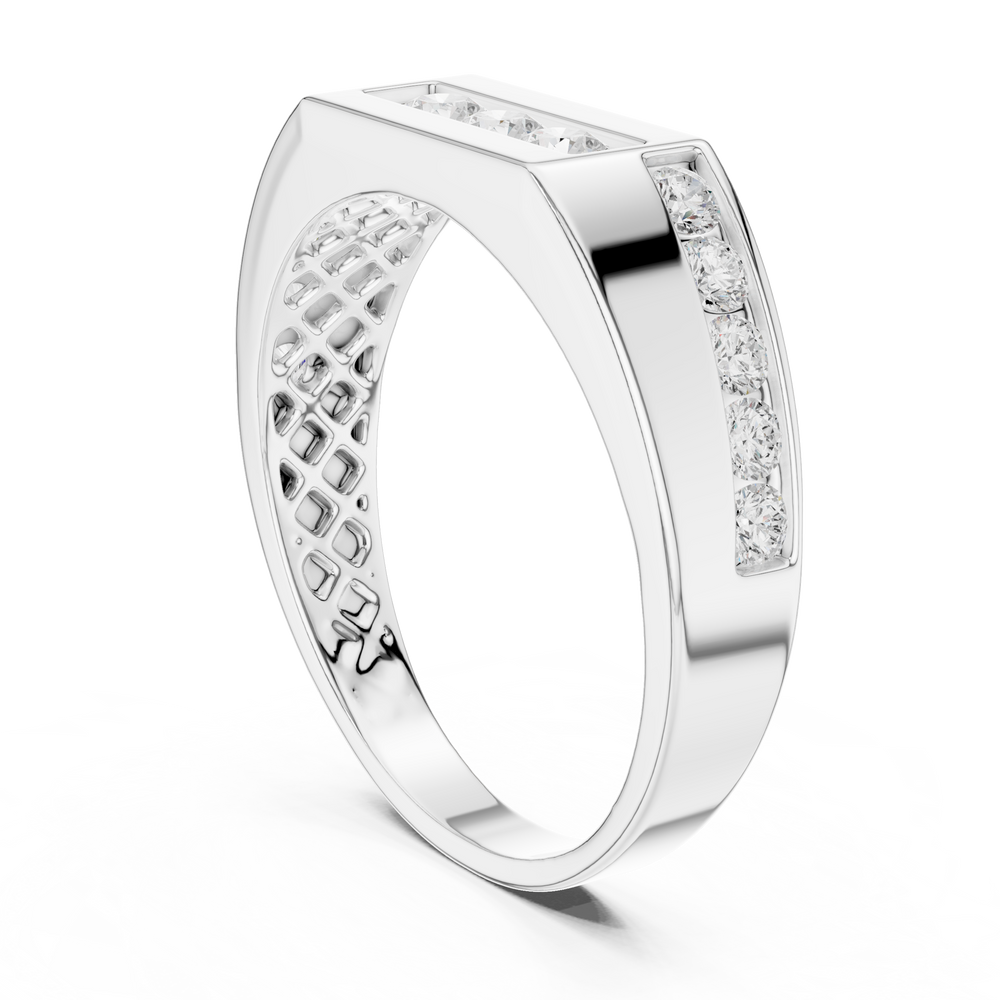 Men's silver octagonal band ring with three-stone diamond center panel and channel-set side accents