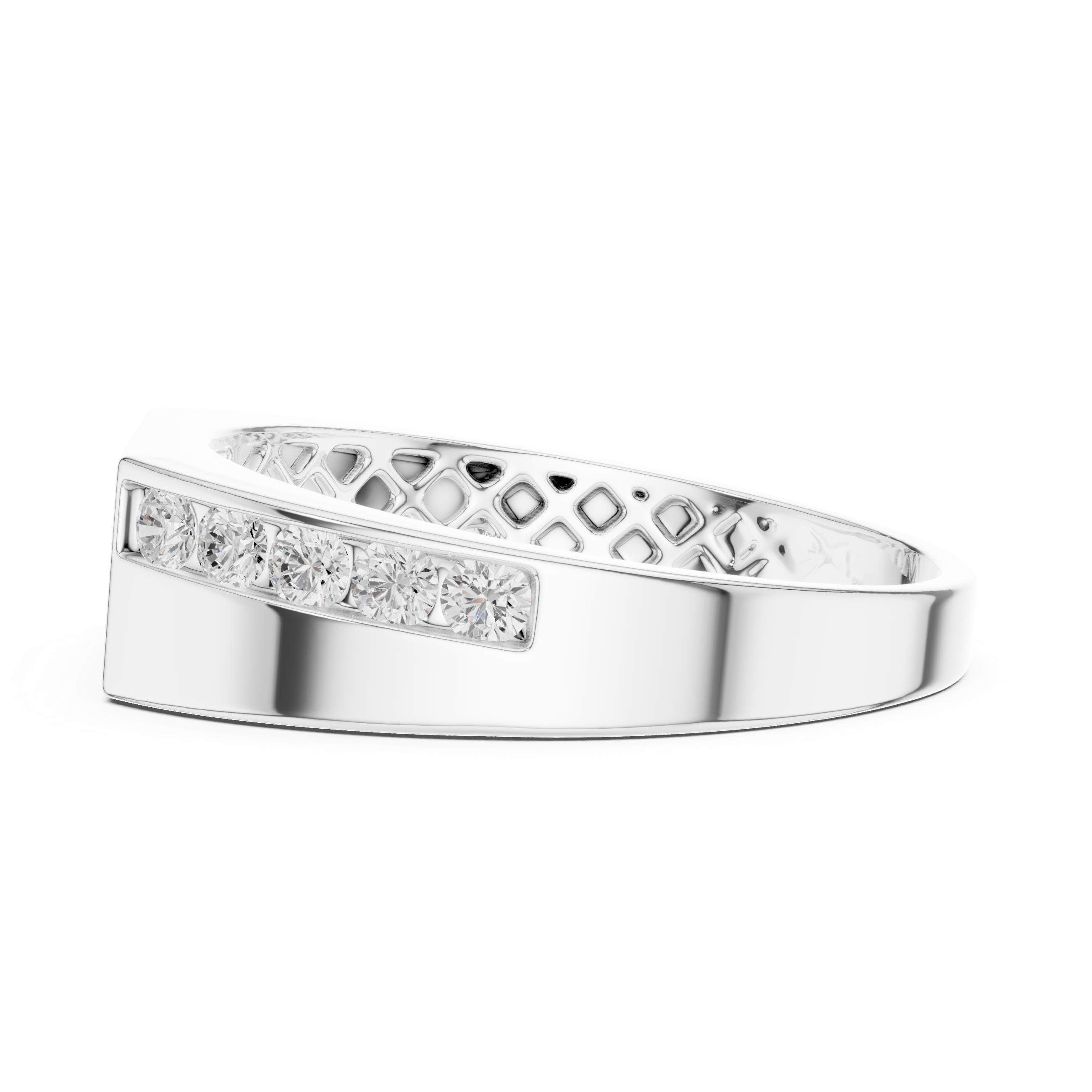 Men's silver octagonal band ring with three-stone diamond center panel and channel-set side accents