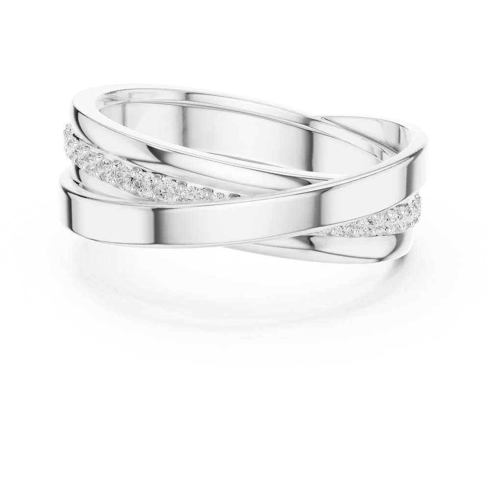 Men's silver triple-band crossover ring with two pavé diamond strands and polished plain band
