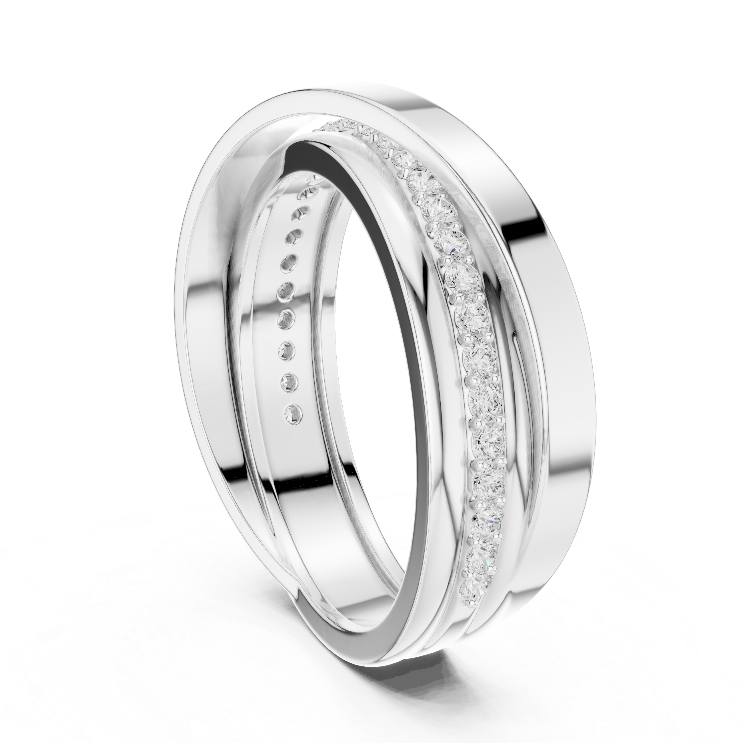 Men's silver triple-band crossover ring with two pavé diamond strands and polished plain band