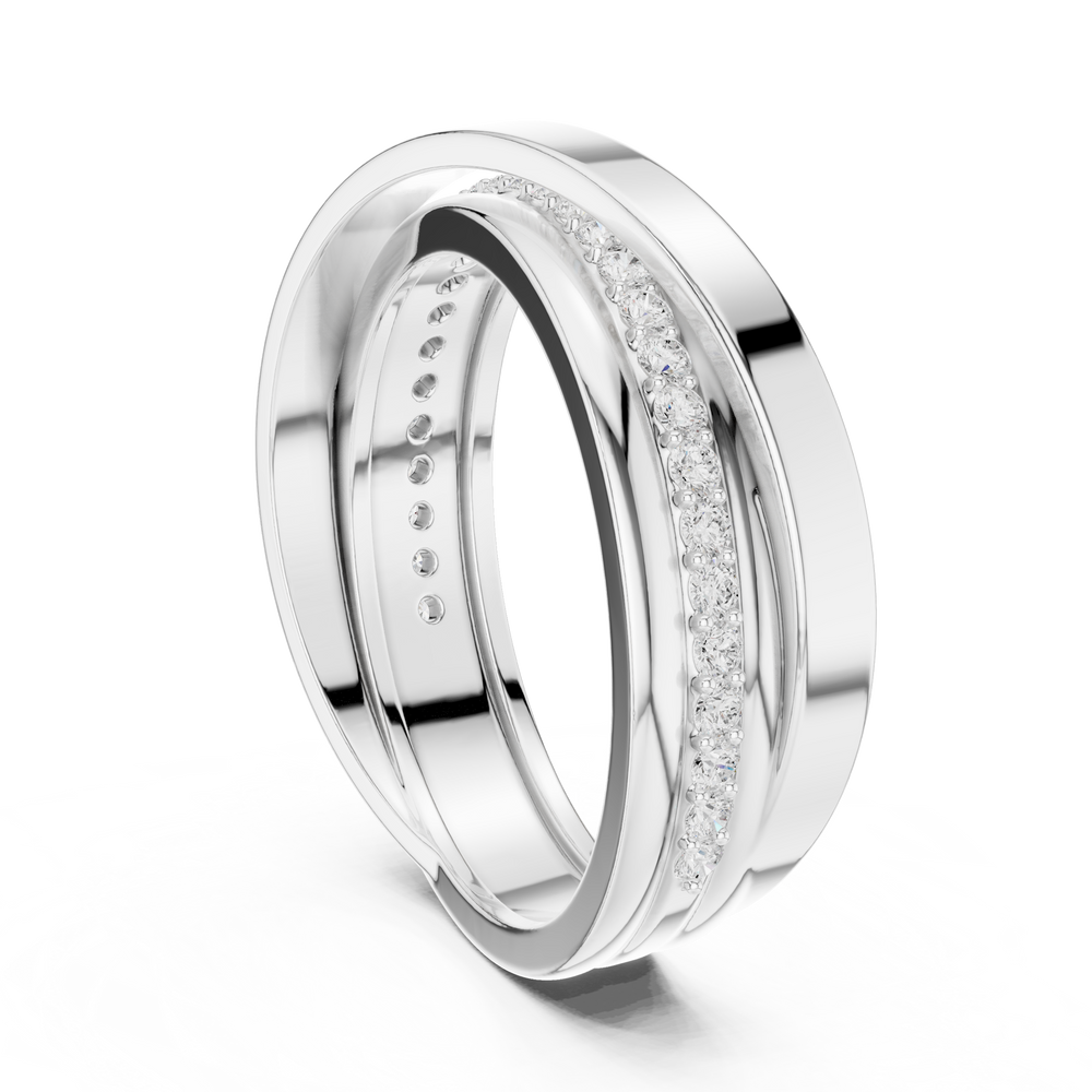 Men's silver triple-band crossover ring with two pavé diamond strands and polished plain band