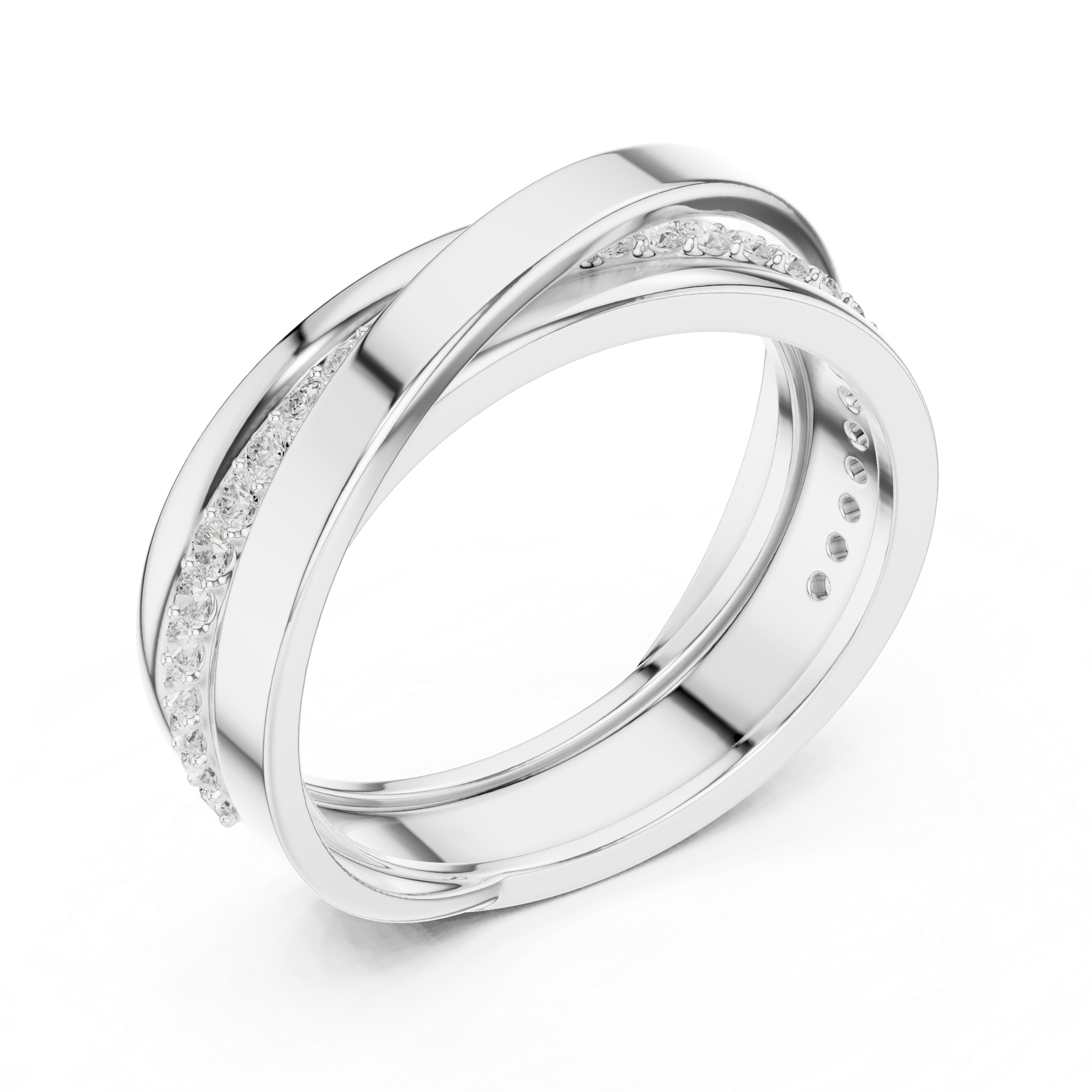Men's silver triple-band crossover ring with two pavé diamond strands and polished plain band