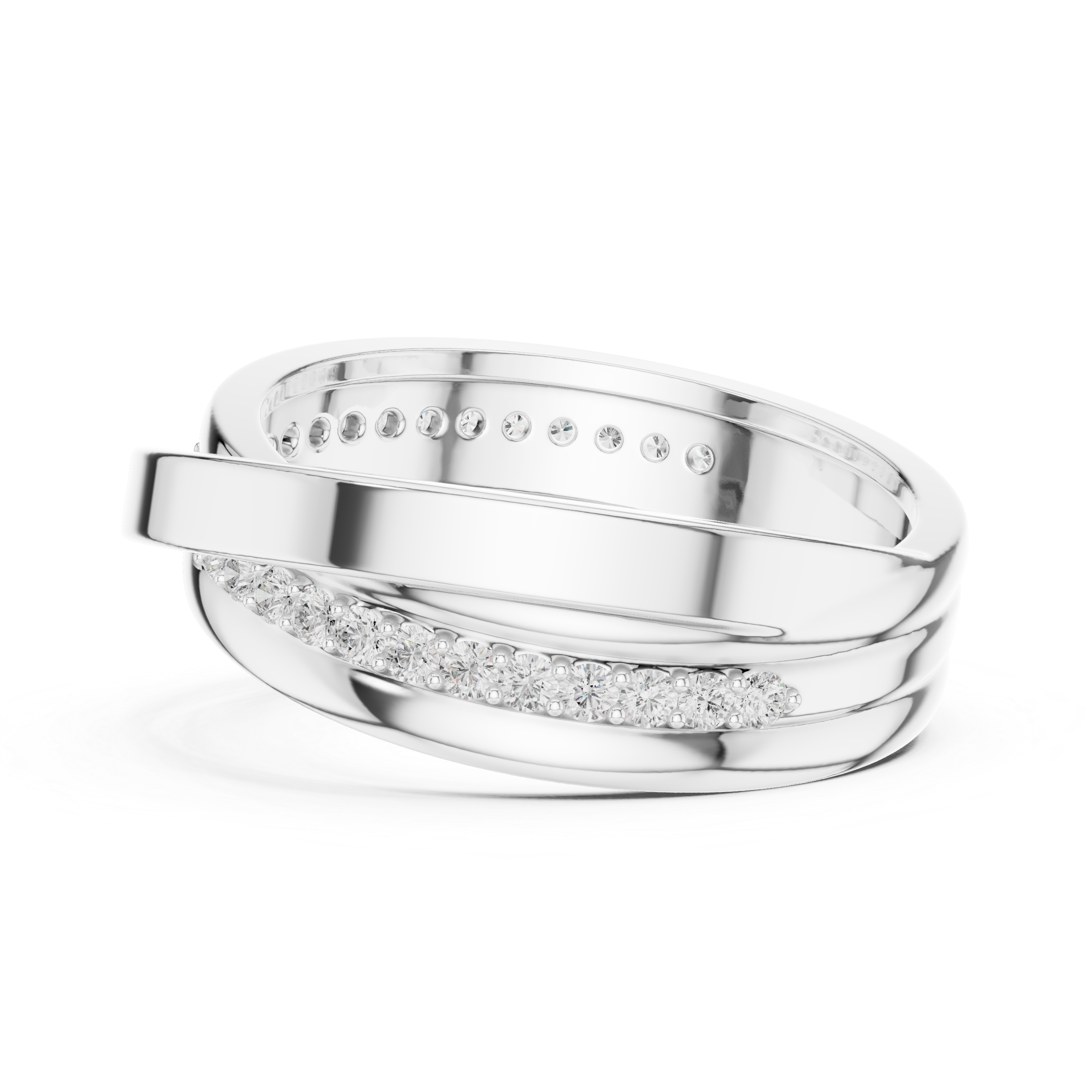 Men's silver triple-band crossover ring with two pavé diamond strands and polished plain band