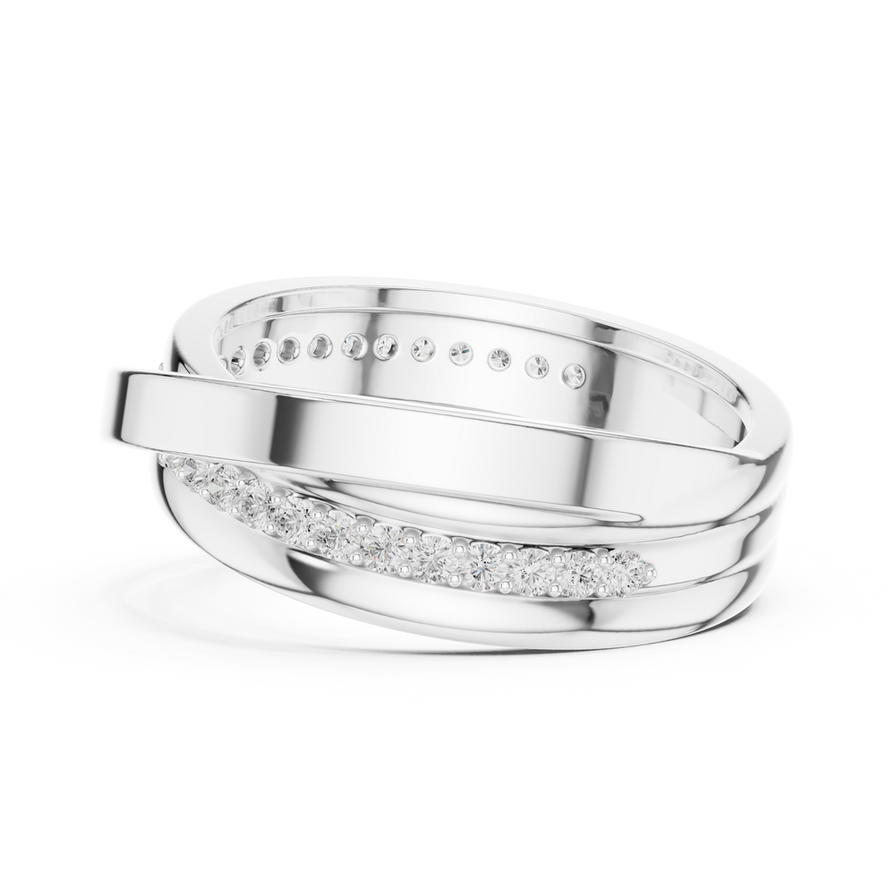 Men's silver triple-band crossover ring with two pavé diamond strands and polished plain band