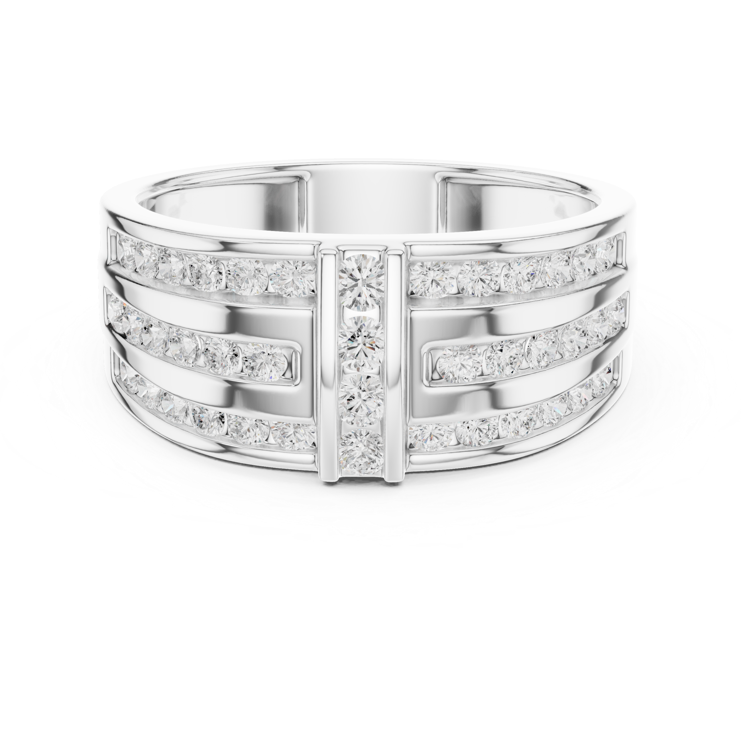 Men's wide silver ring with three channel-set diamond rows and vertical bar accents