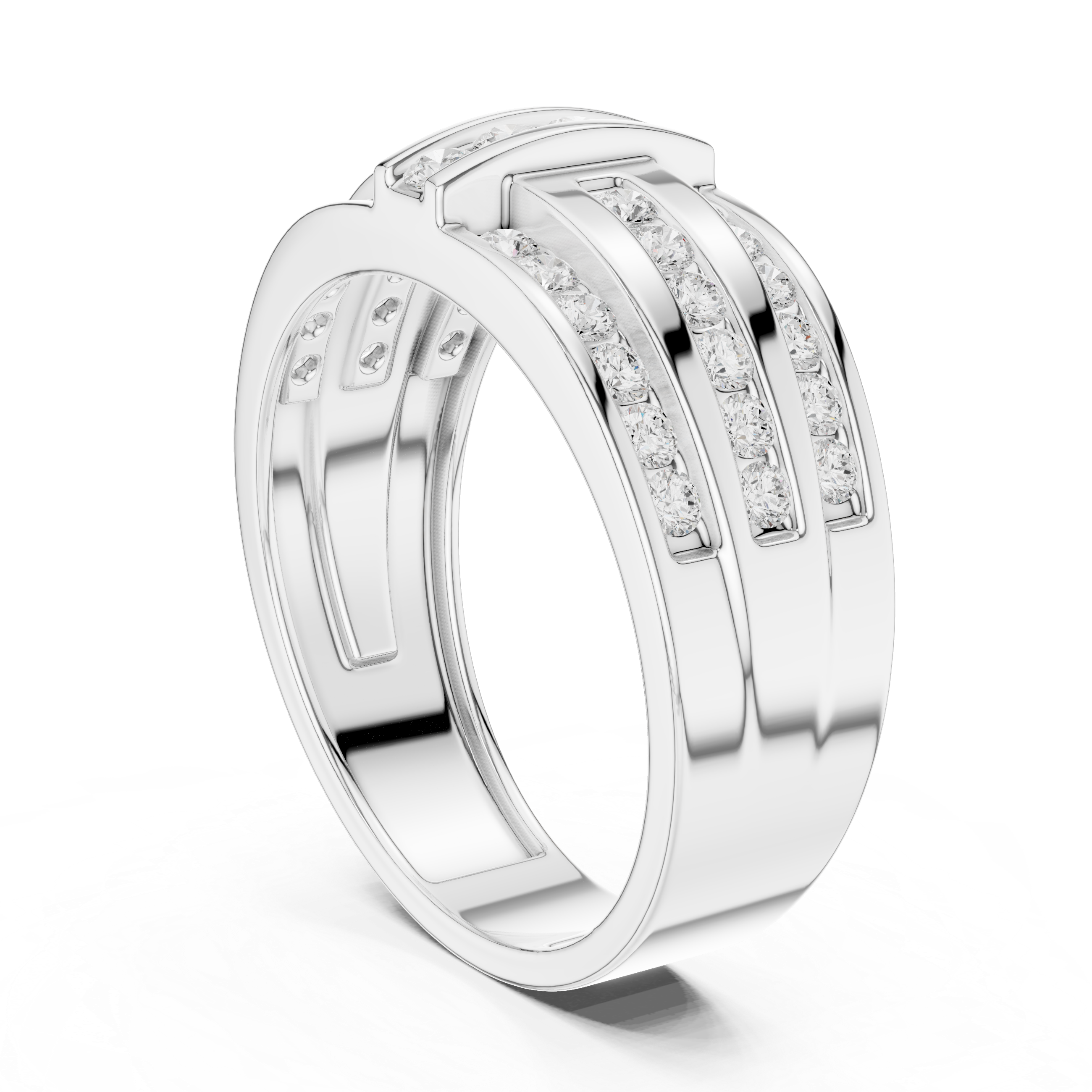 Men's wide silver ring with three channel-set diamond rows and vertical bar accents