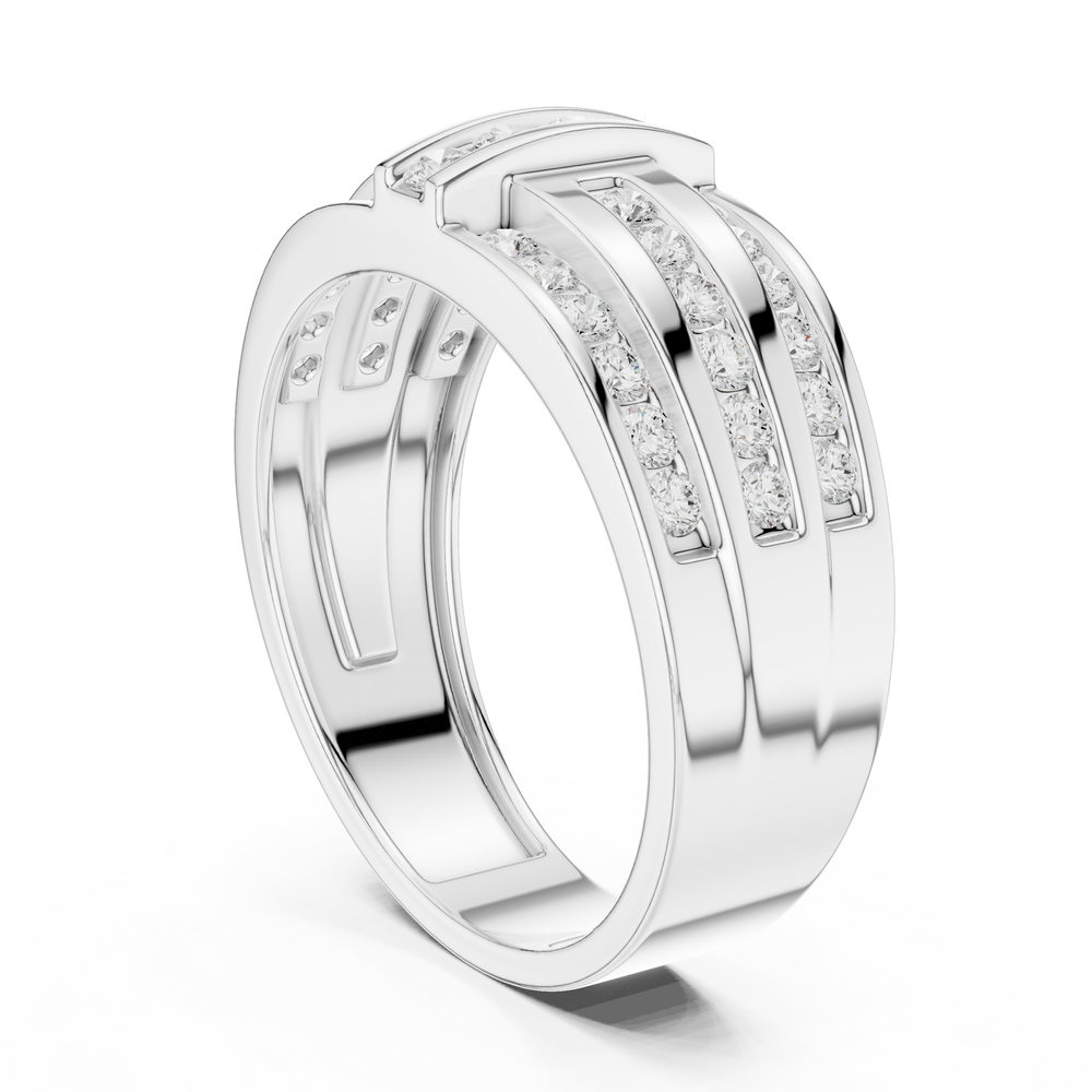 Men's wide silver ring with three channel-set diamond rows and vertical bar accents