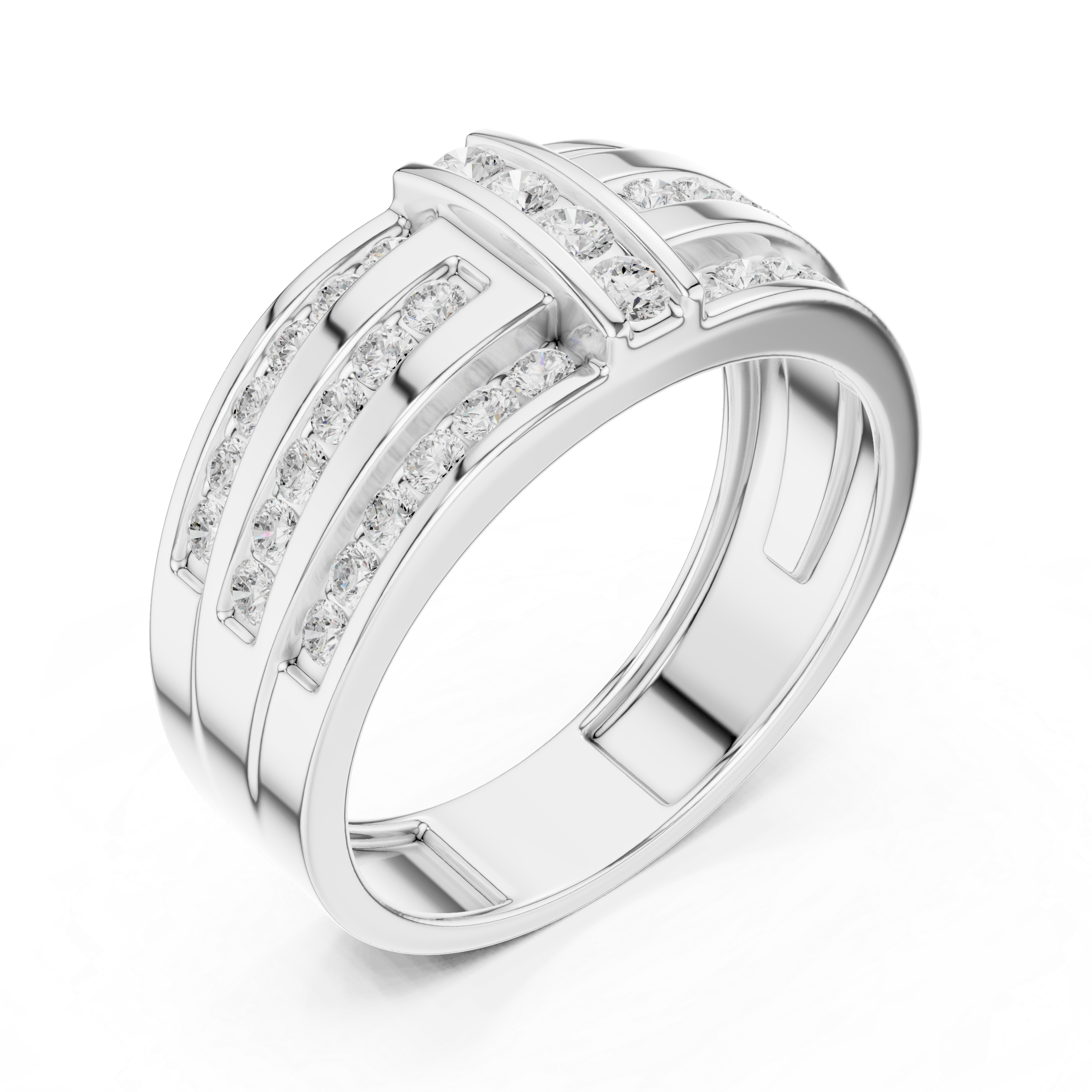Men's wide silver ring with three channel-set diamond rows and vertical bar accents