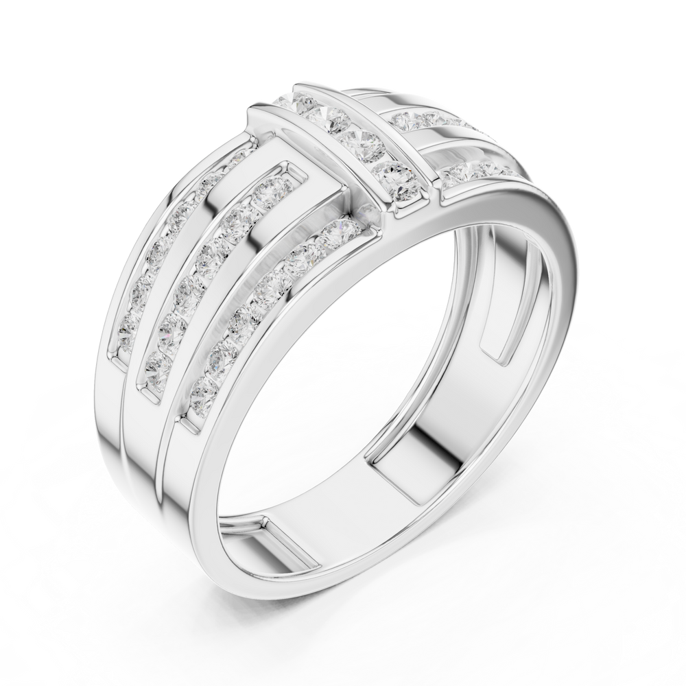 Men's wide silver ring with three channel-set diamond rows and vertical bar accents