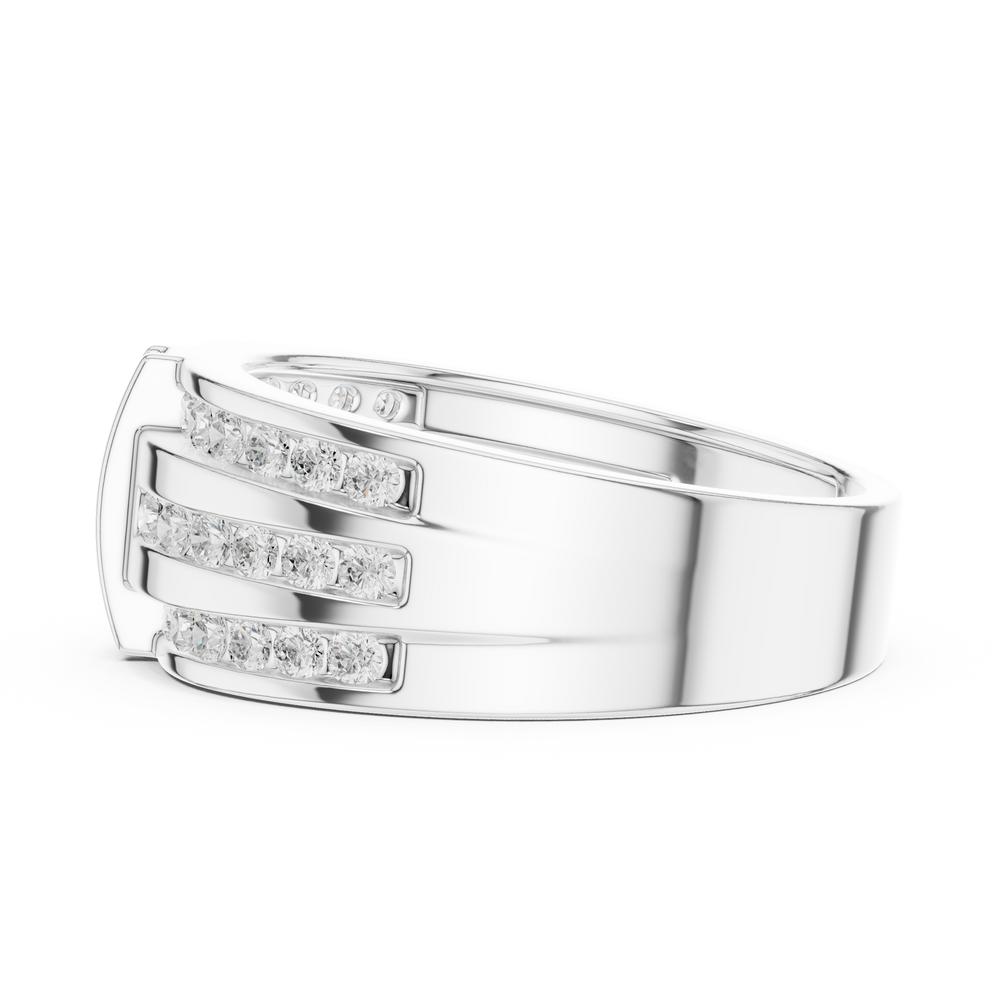 Men's wide silver ring with three channel-set diamond rows and vertical bar accents
