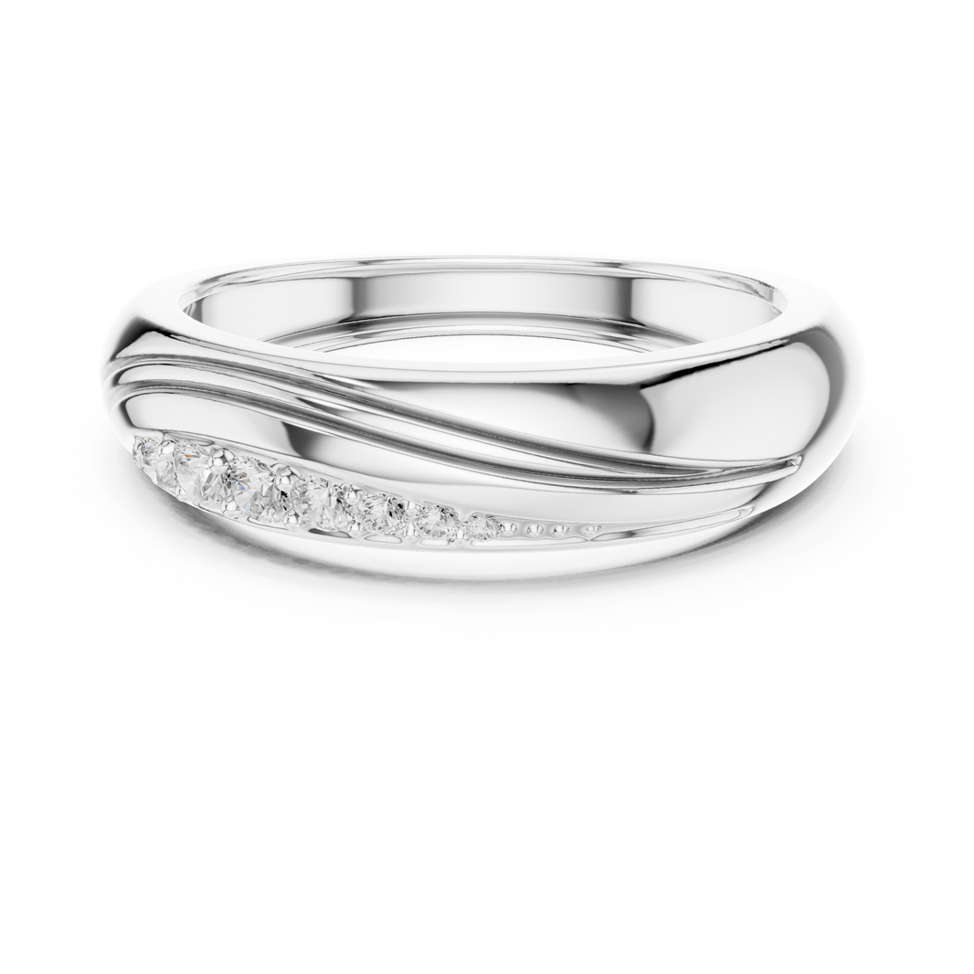 Men's silver twisted wave band ring with diagonal pavé round diamonds and grooved detailing
