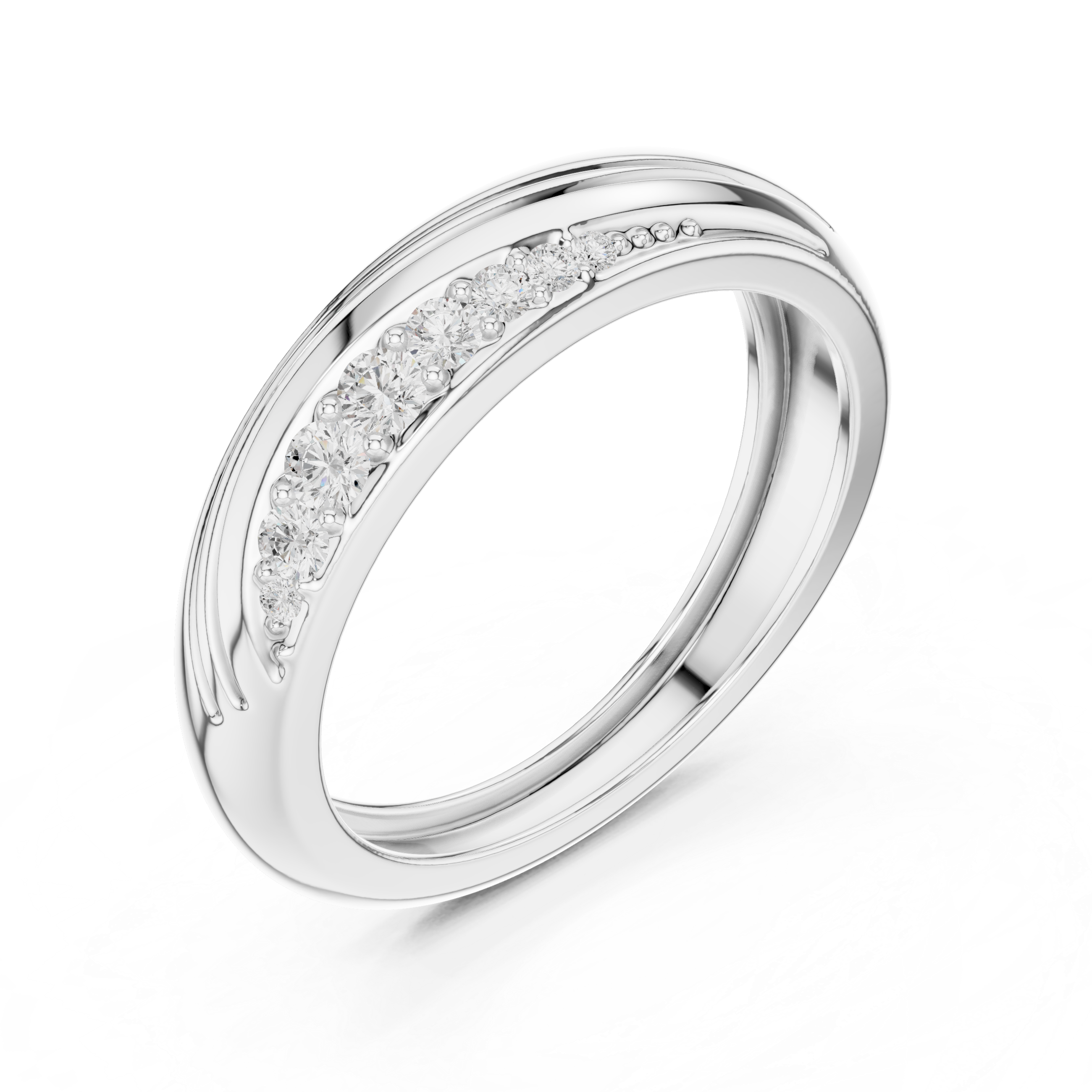 Men's silver twisted wave band ring with diagonal pavé round diamonds and grooved detailing