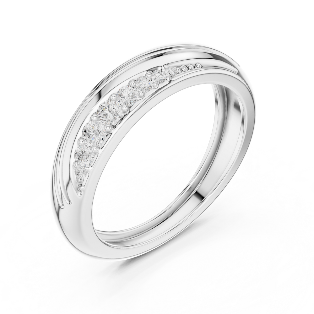 Men's silver twisted wave band ring with diagonal pavé round diamonds and grooved detailing