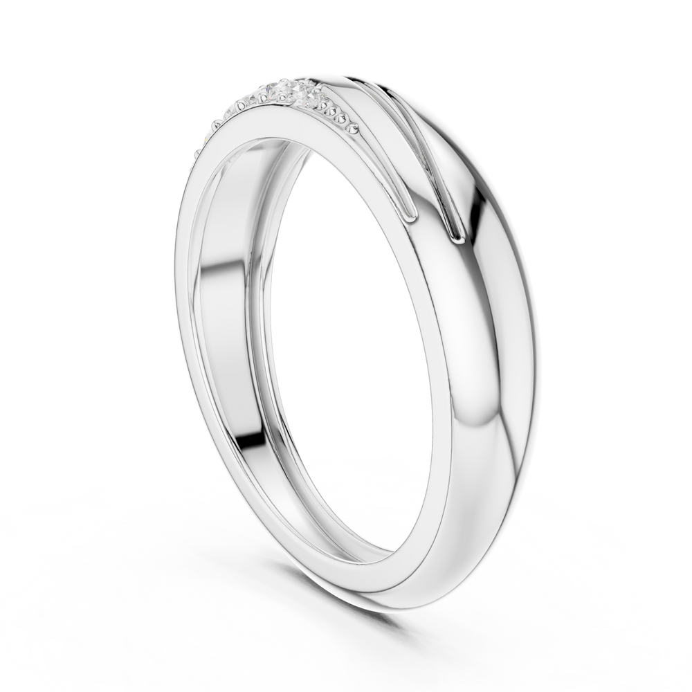 Men's silver twisted wave band ring with diagonal pavé round diamonds and grooved detailing
